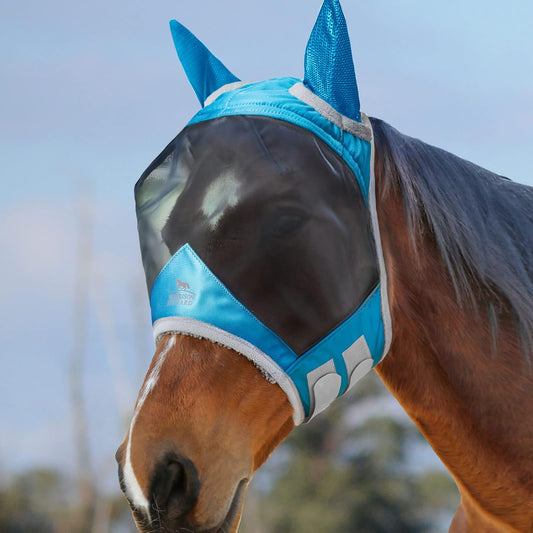 Harrison Howard CareMaster Pro Luminous Horse Fly Mask Large Eye Space Standard with Ears UV Protection for Horse Sky Blue S Pony