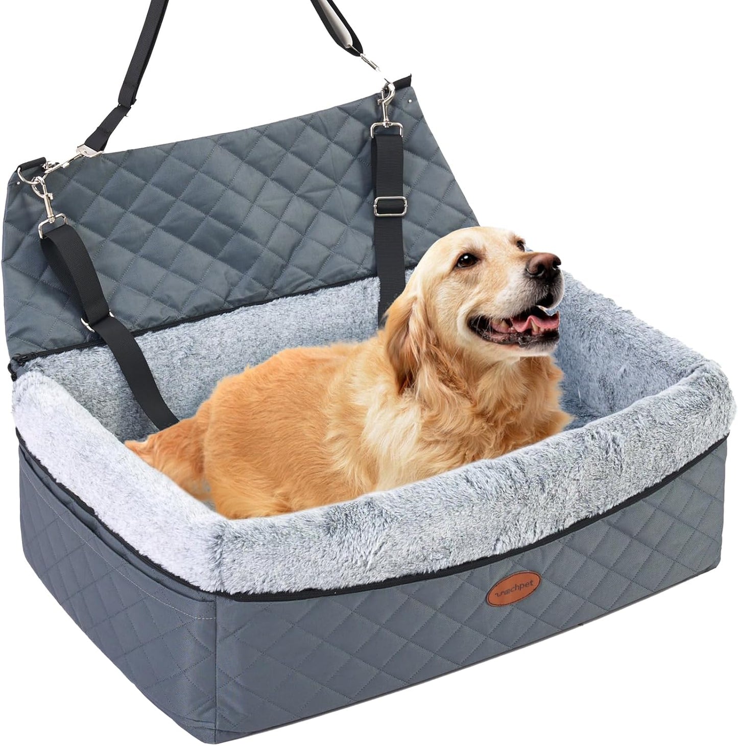 Dog Car Seat for Large/Medium Pet, Anti Slip Bottom Dogs Booster Seat for All Seasons,Pet Travel Bed with Thick Dog Sofa Cushion, Storage Pockets 2 Safety Leashes