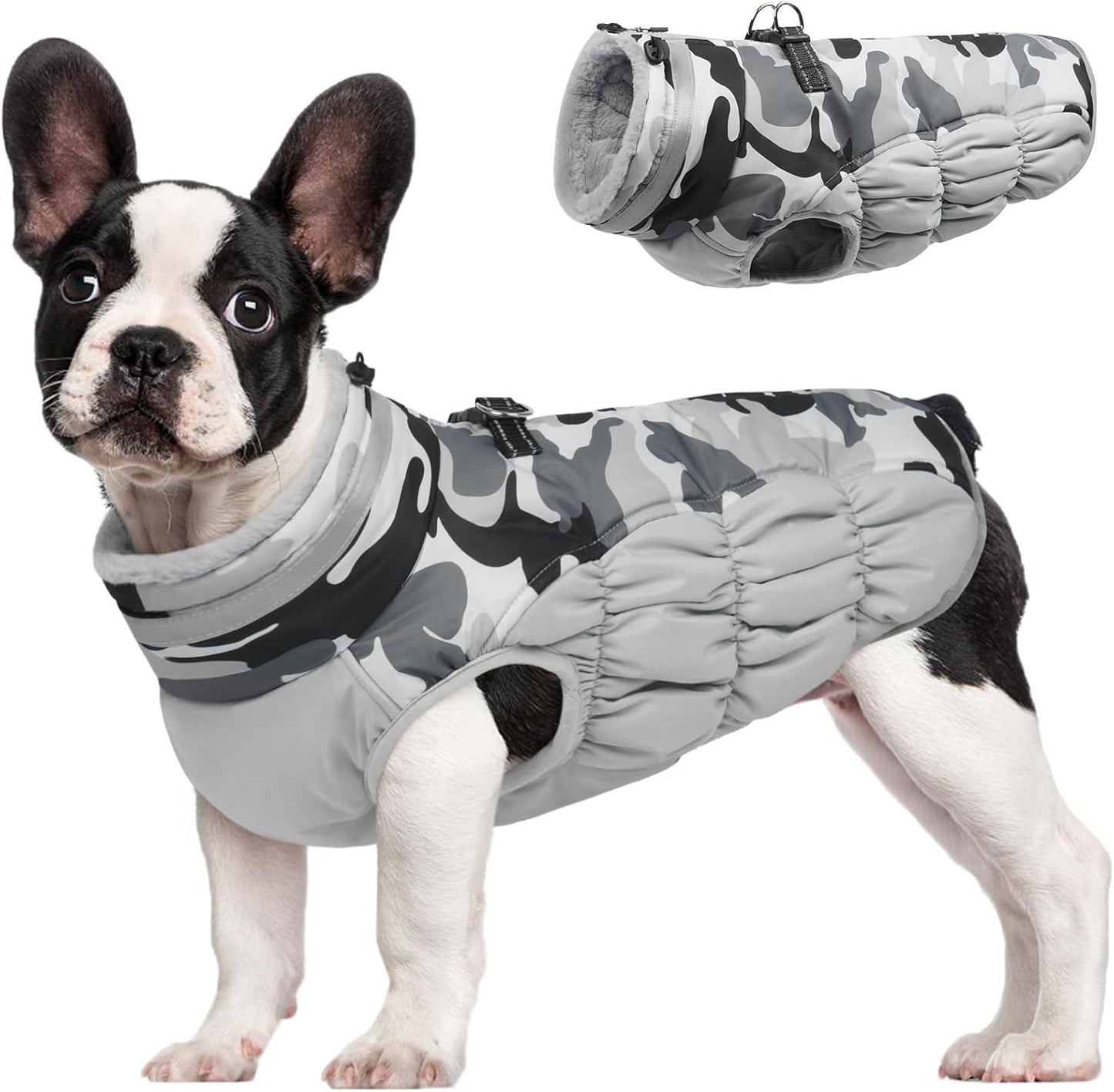 FUAMEY Dog Coat for Small Dogs,Waterproof Dog Winter Jacket with Harness Built in Puppy Cold Weather Coats Reflective Pet Vest with Zipper Warm Fleece Dogs Snowsuit Windproof Grey Camo S