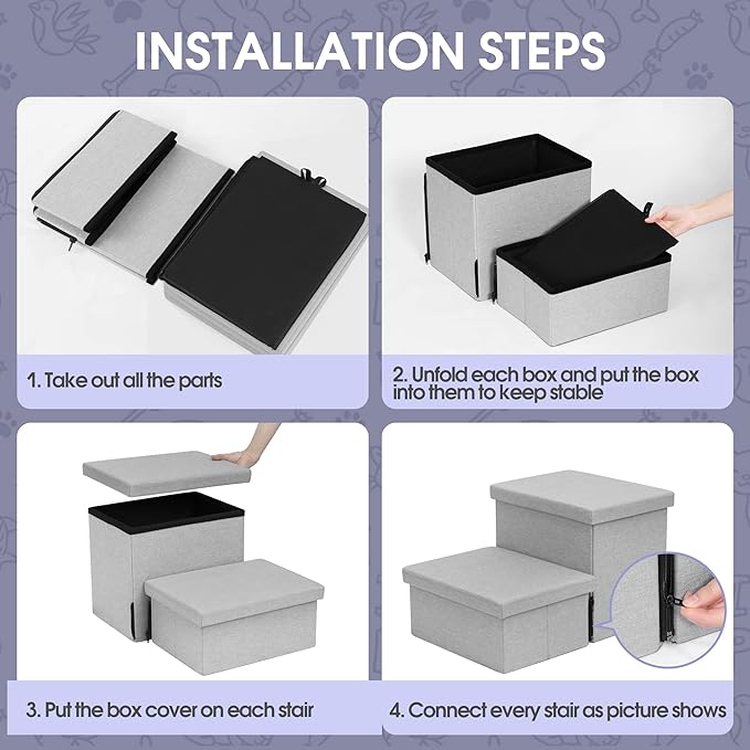 Heeyoo Dog Stairs with Storage, Foldable Dog Steps for Small Dogs, 2 Tiers Non-Slip Pet Stairs for High Beds Or Couch and Sofa, Hold up to 150 lbs Pet Doggy Cat