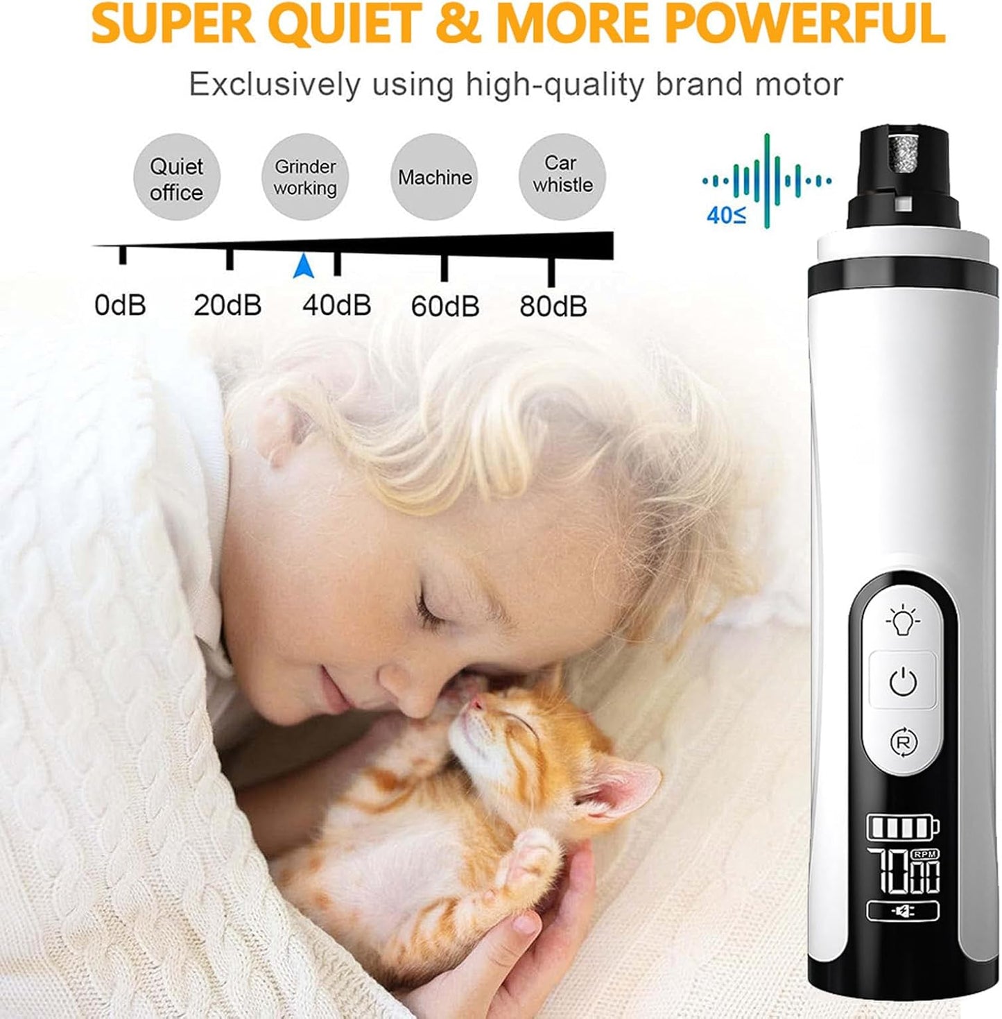 Heusom Silent Groom Pro Nail Grinder Cordless for Small Large Dogs - 3 Speeds Quiet Cat Dog Nail Trimmer with 2 LED Lights, 2000mAh Rechargeable for Thick Nails with Replacement Heads (1pc+1 Head)