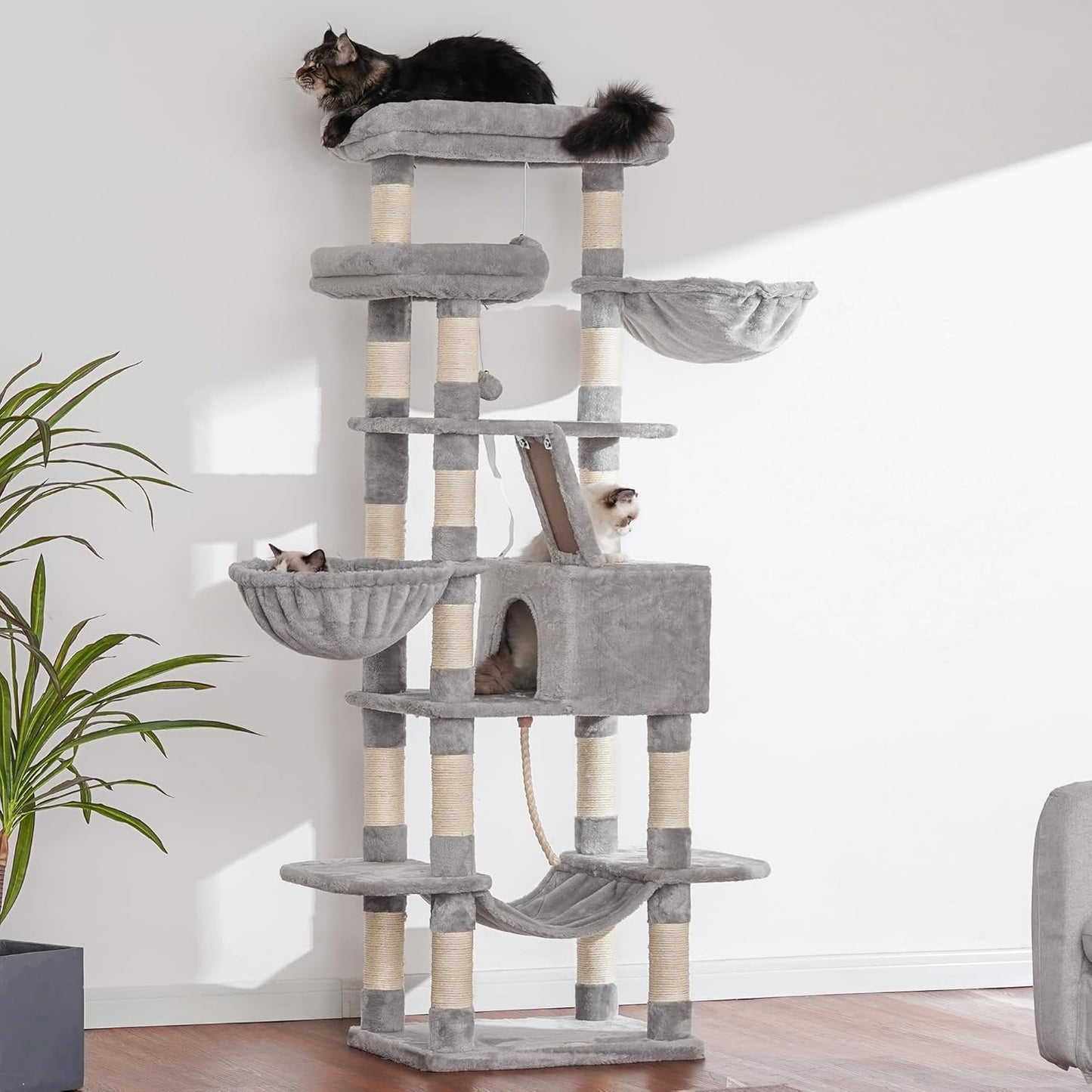 Heybly Cat Tree, 68 inch Multi-Level Cat Tower for Indoor Cats, 2 Widened Plush Perches Cat Condo with Scratching Board and Big Caves, Light Gray HCT025W