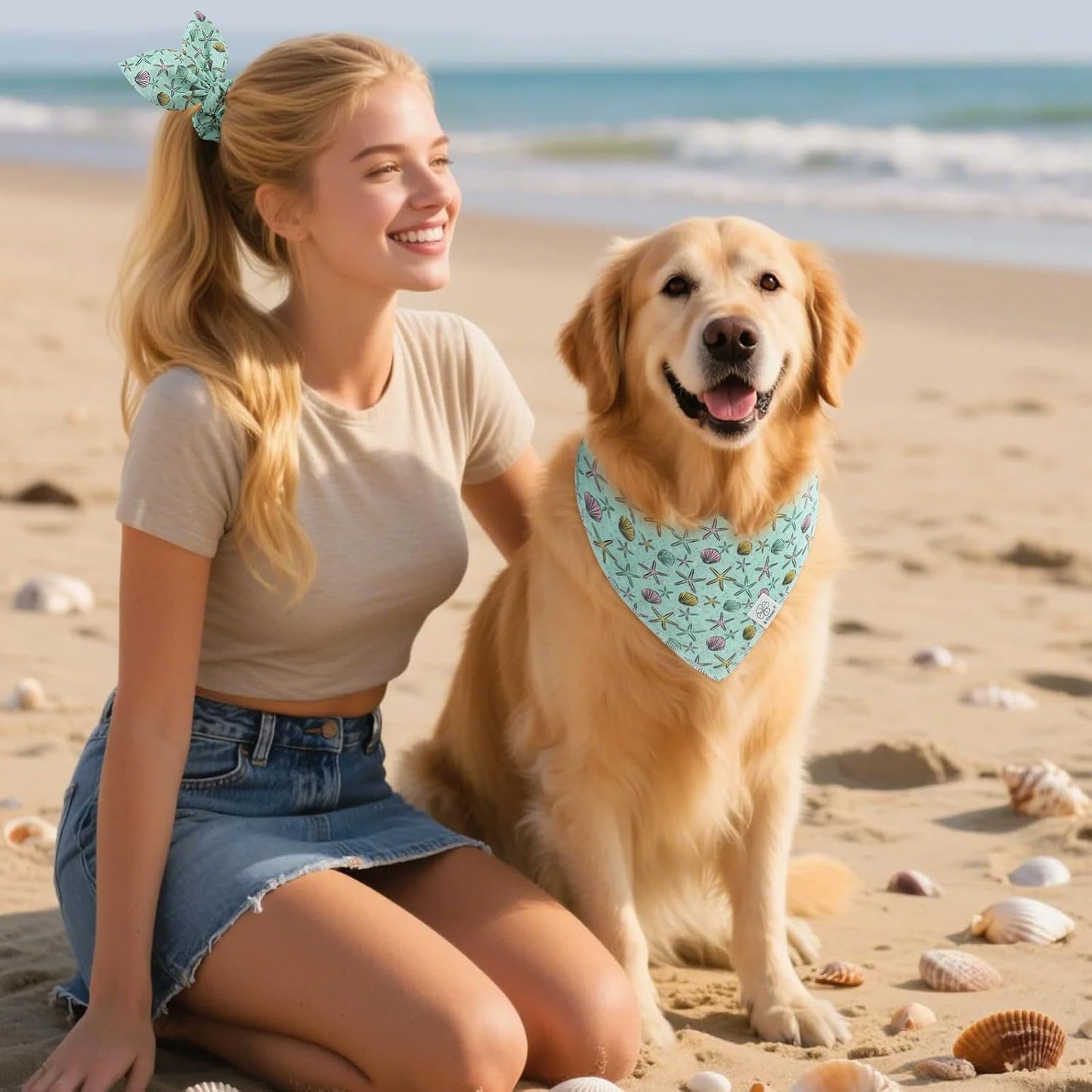 E-Clover Summer Starfish Dog Bandanas & Matching Scrunchie Set Blue Dog Scarf Bibs Pet Bandana with Bow Tie for Small Dogs Puppy Owner Mom