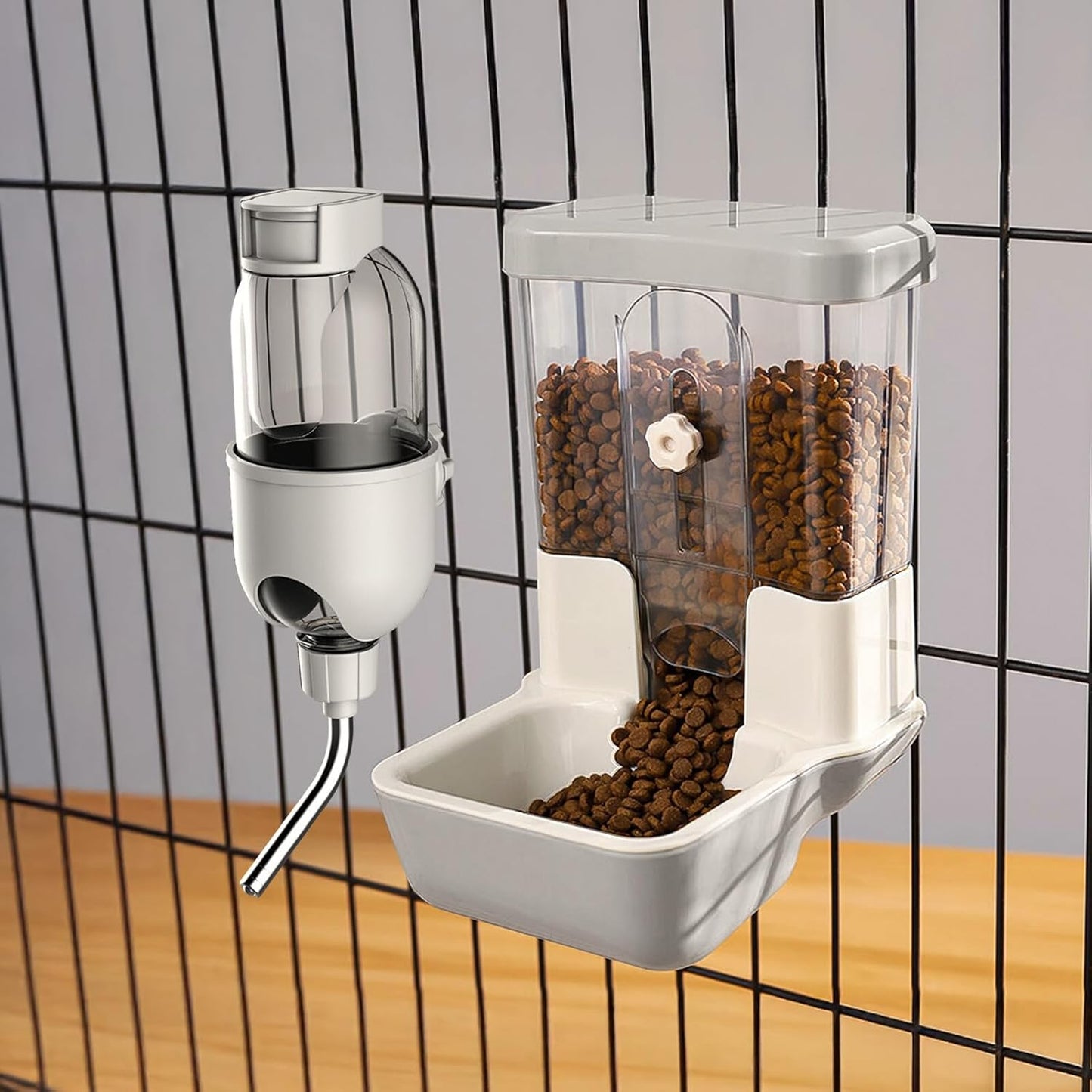 Automatic Pet Food Water Dispenser, Auto Gravity Pet Feeder Water Bottle Set for Crate Cage, Feeding Station for Small Dog Cat Rabbit Guinea Pigs Chinchilla Ferret Hedgehog (Gray)