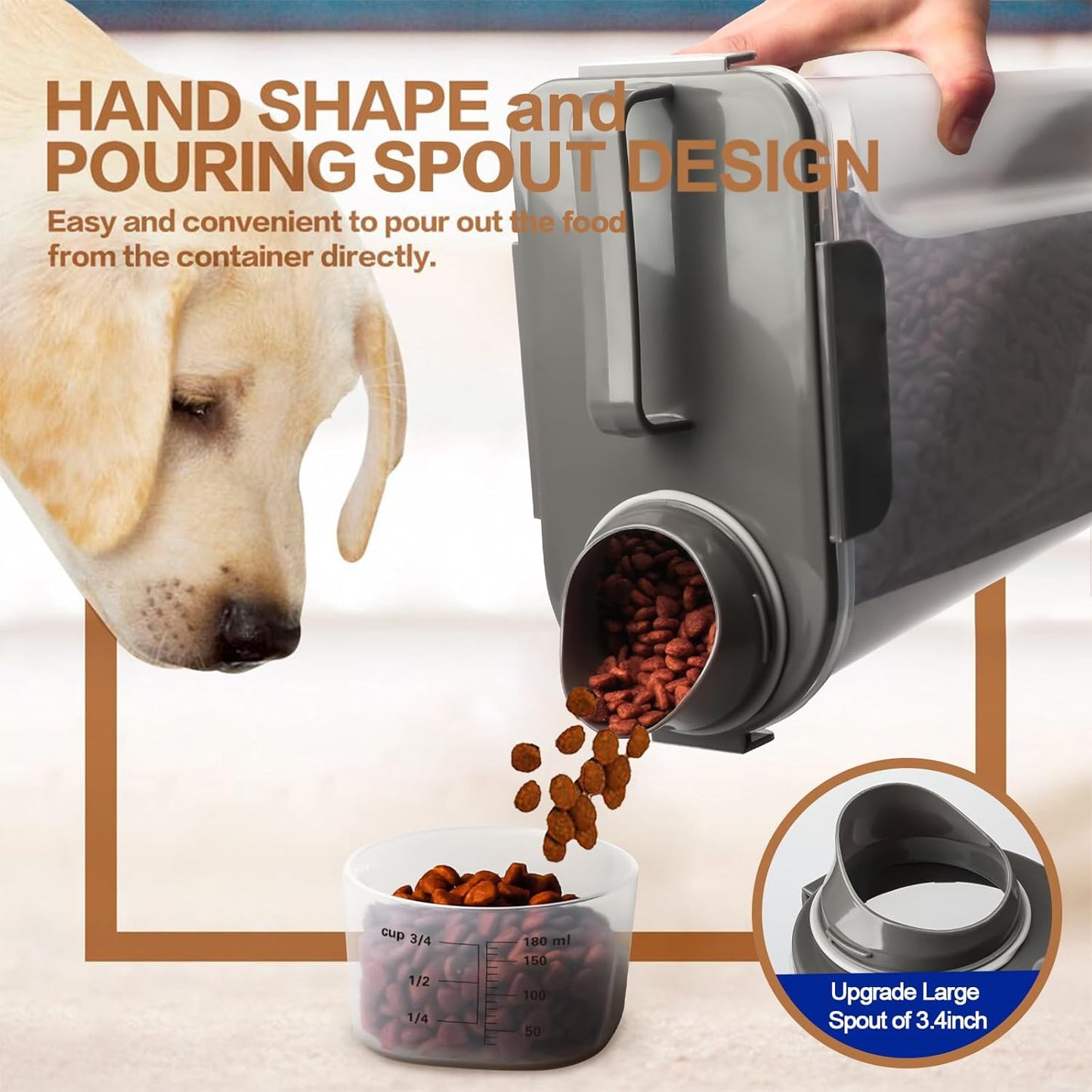 Dog Food Storage Container, 5-7 Lbs Airtight Pet Food Container, Cat Food Container Dispenser Plastic Bin with Pouring Spout, Portable Handle and a Collapsible bowl for Dogs Cats Grey/6Qt