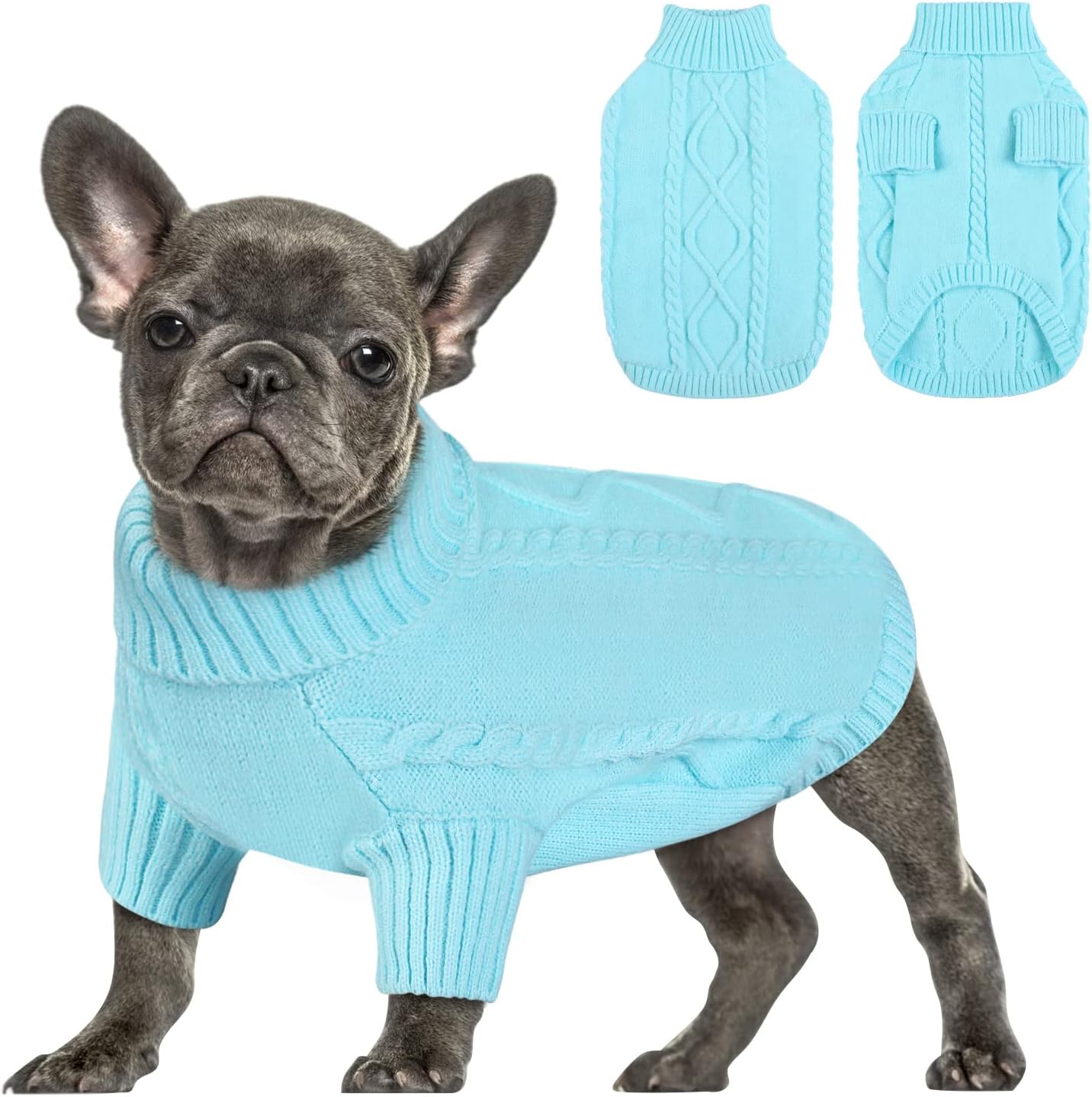 Queenmore Small Dog Pullover Sweater, Cold Weather Cable Knitwear, Classic Turtleneck Thick Warm Clothes for Chihuahua, Bulldog, Dachshund, Pug (Sky Blue, Large)