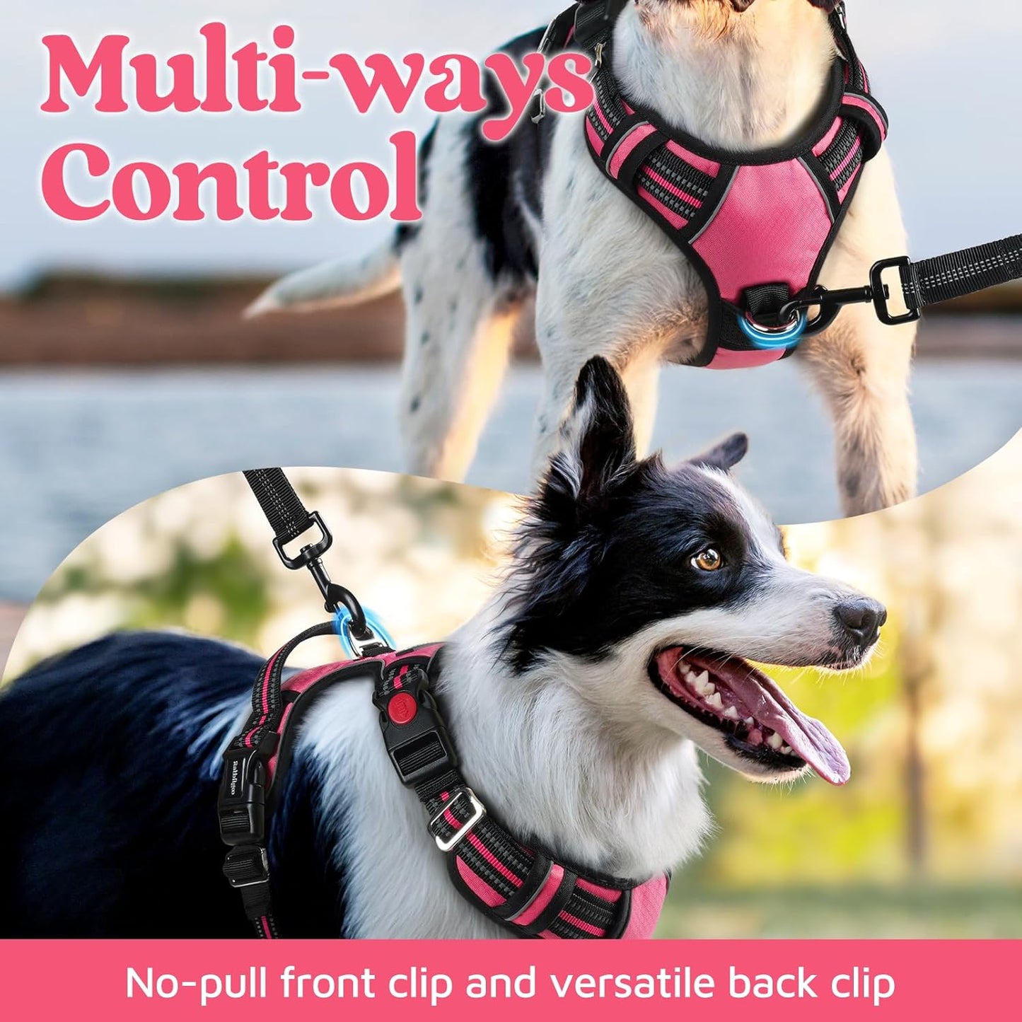rabbitgoo Dog Harness Small Sized, No Pull Dog Vest with 3 Buckles, Adjustable Soft Padded Pet Harness with Easy Control Handle and Reflective Strips, Pink, S