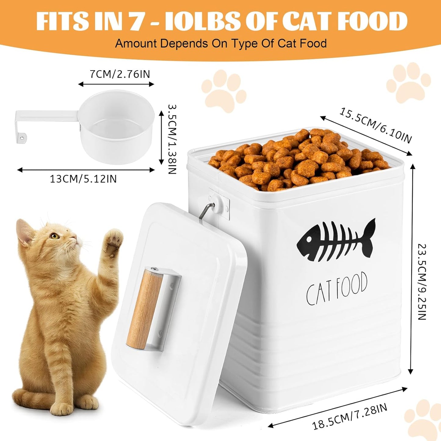 Cat Food Storage Container with Scoop - 5-7 lb Metal Cat Treat Container with Wood Handle, Pet Snacks Canisters with Airtight Lid & Dry Food Scoop for Kibble & Treats, Kitchen Counter Organizer