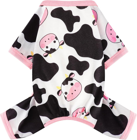 Dog Pajamas Small Sized Dogs Stretchable Summer Dog Clothes Pjs 4 Legs Girl Boy Cute Soft Puppy Outfits Doggie Cat Jammies Jumpsuit Sleeper for Pet, Pink Cow, L
