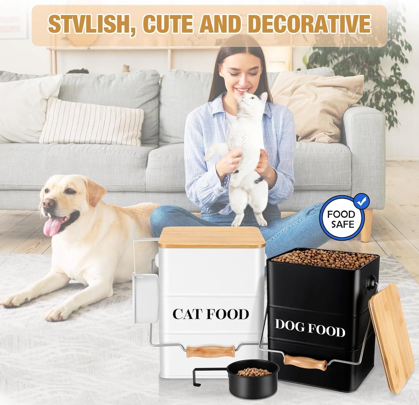 Tioncy 2 Pcs Metal Dog and Cat Food Storage Containers Big Pet Food Containers with Bamboo Lids and Spoon Airtight 5-7 Lbs Dog Cat Treat Snack Jars with DIY Labels for Kitchen Counter(White,Black)