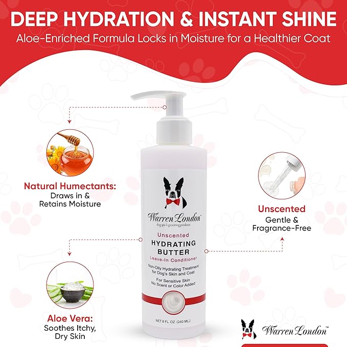 Warren London Hydrating Butter Leave in Pet Conditioner for Dogs | Lotion for Skin and Coat | Aloe Puppy & Dog Conditioner for Hair Detangler, Dry Skin, & Dandruff | Unscented 8oz