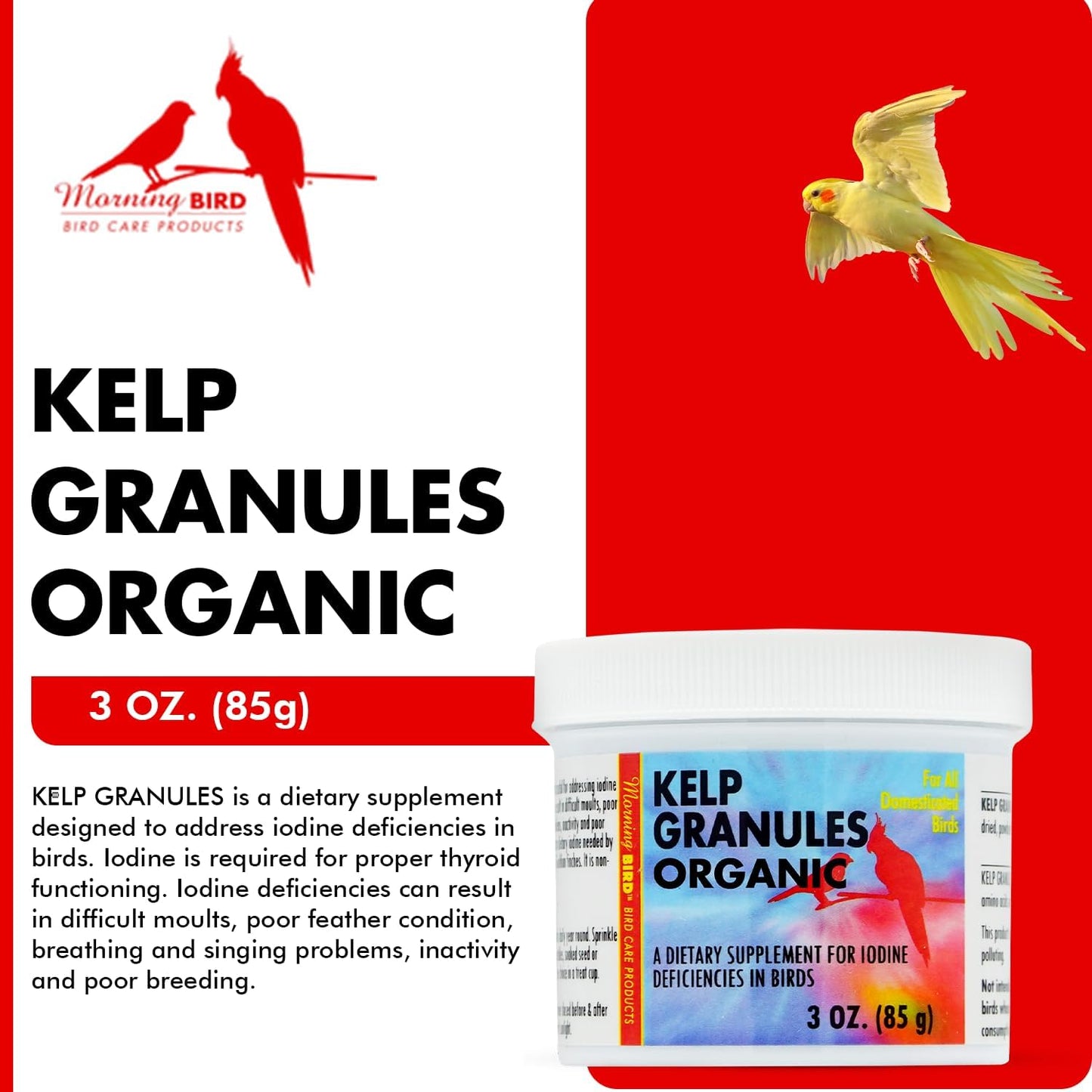 Morning Bird Kelp Granules 3 Oz – Iodine Supplement for Birds – Supports Feather Growth, Molting & Metabolism – Rich in Amino Acids, Trace Minerals & Natural Vitamins – Clean Nutrition for All Birds