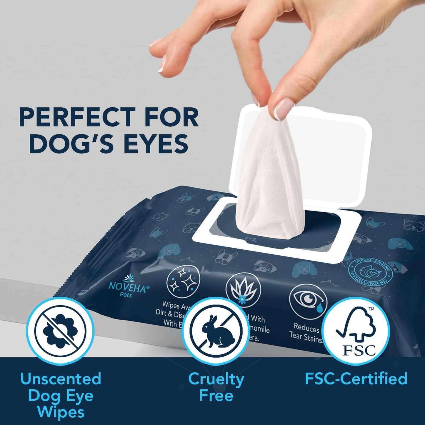 NOVEHA 300PCs Dog Eye Wipes - Tear Stain Remover for Dogs - Formulated with Chamomile and Aloe to Remove Eye Debris, Tear Stains & Eye Discharge - Plant Based, Safe, and Large 5"x5" Unscented Wipes