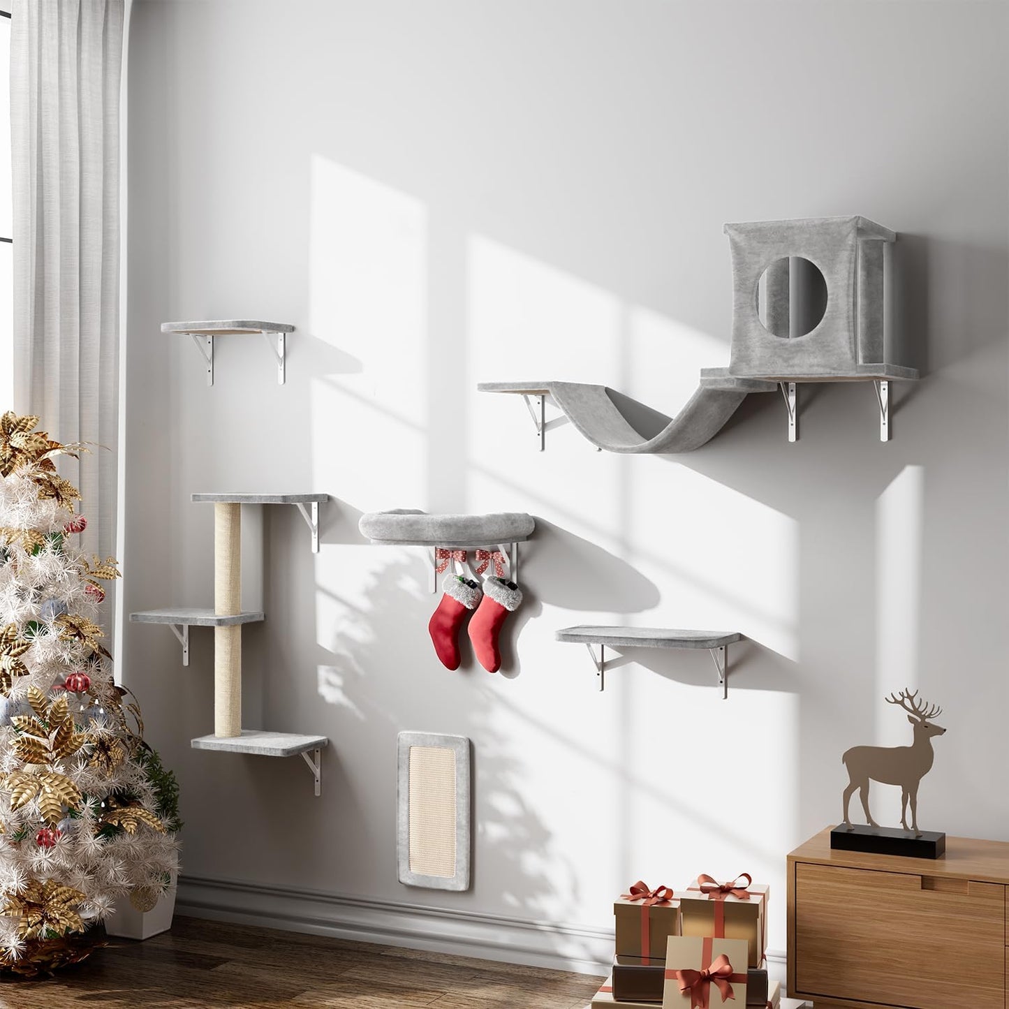 NUNU LAB Wall Mounted Cat Climber Set, 6 Pcs Cat Furniture Set with House, Bridge, Steps, Scratcher Board and Hammock, Shelves for Indoor, Luxury Walls Furniture(Gray)