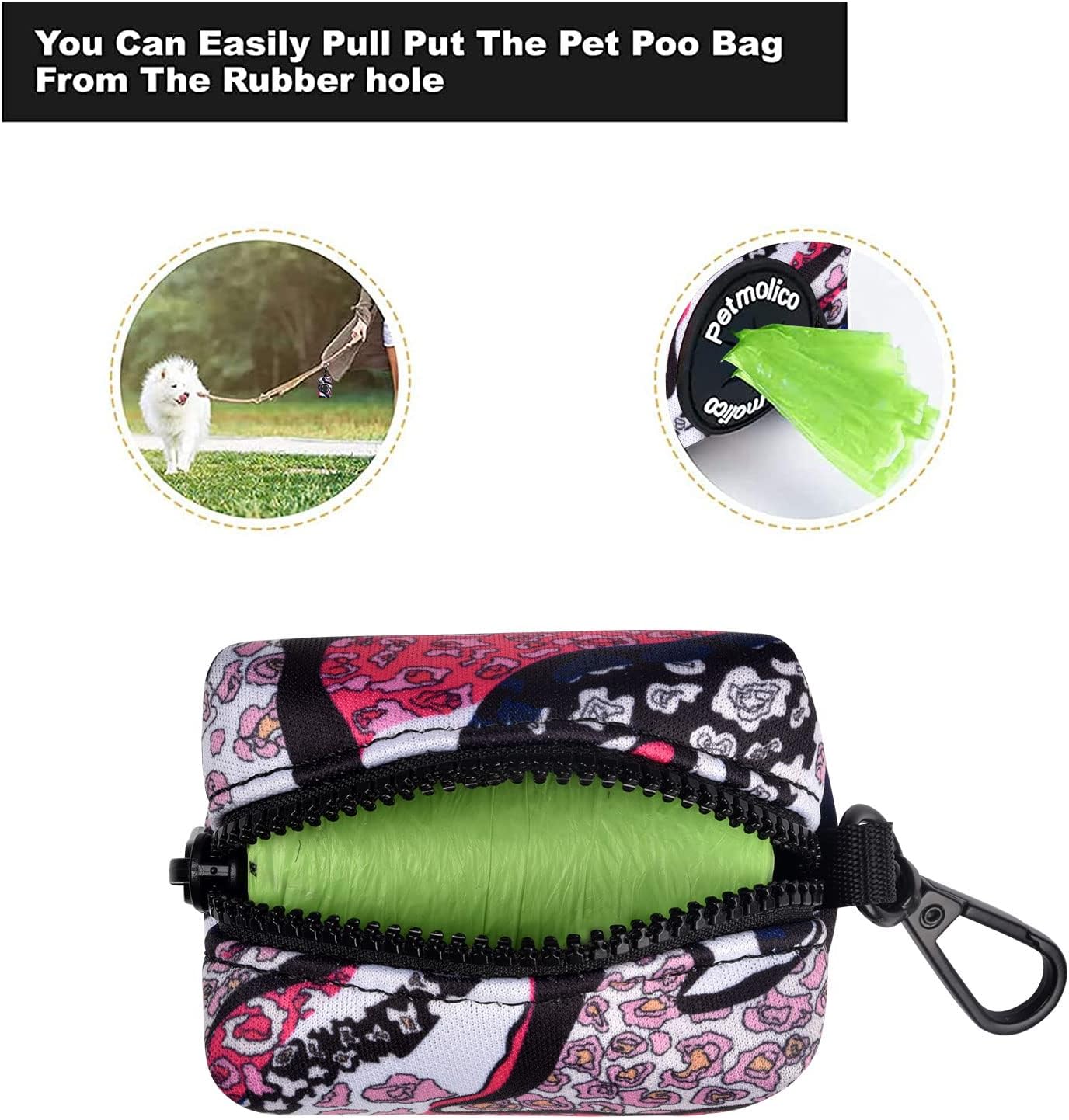 Petmolico Dog Poop Bag Holder Leash Attachment, Dog Waste Bag Dispenser Zippered Pouch, Fits Any Leash, Includes Free Roll of Poop Bags Dispenser - 2 Pack, Colorful Leopard