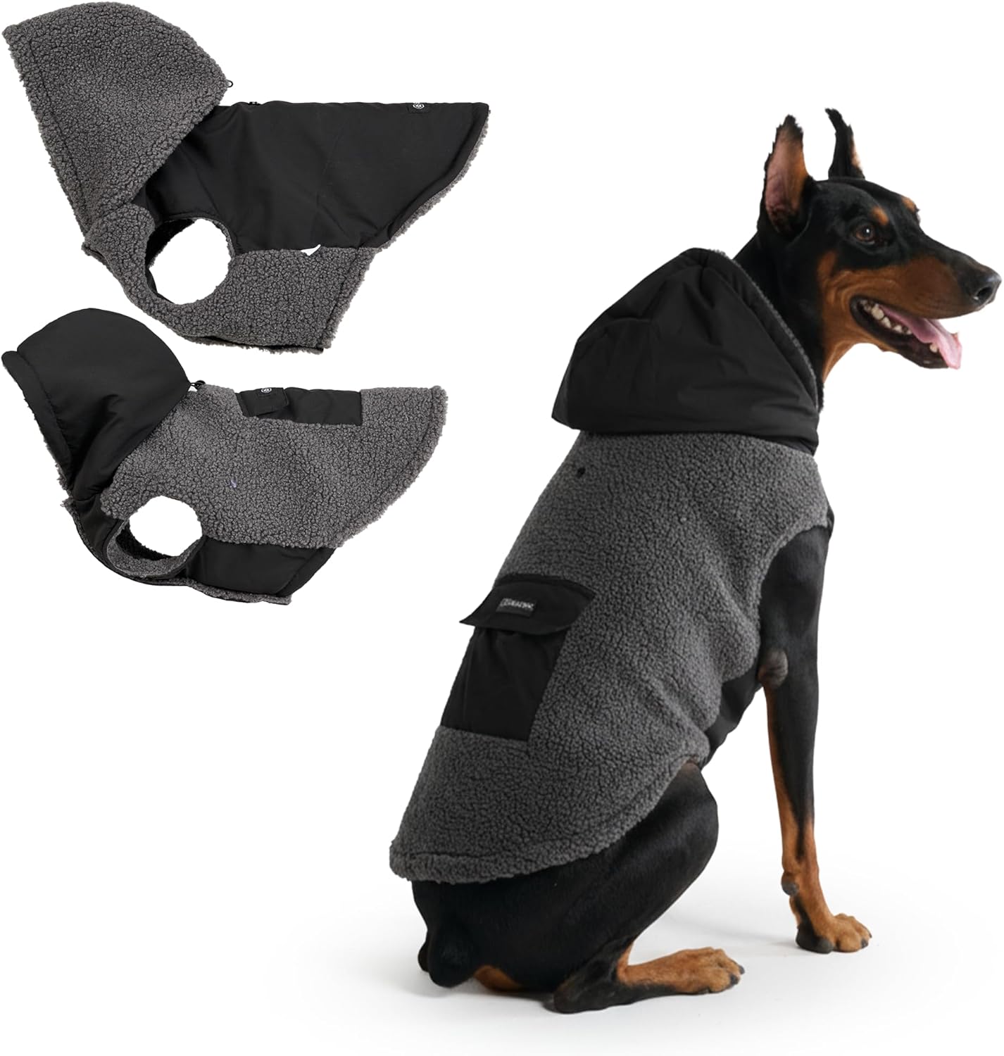 Spark Paws Reversible Dog Sweater, Sherpa Jacket Vest with Warm Fleece Lining, Warm Coat for Winter, Suitable for Small Medium, Large, XL XXL Dogs - Black and Grey - 4XL