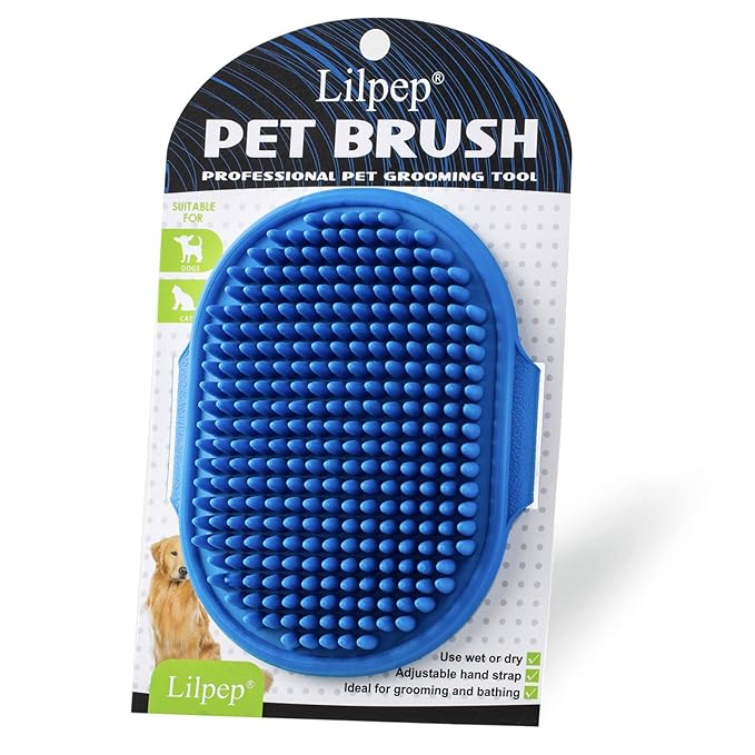 Dog Grooming Brush, Lilpep Pet Shampoo Bath Brush Soothing Massage Rubber Comb with Adjustable Ring Handle for Long Short Haired Dogs and Cats (Blue, pack of 1)