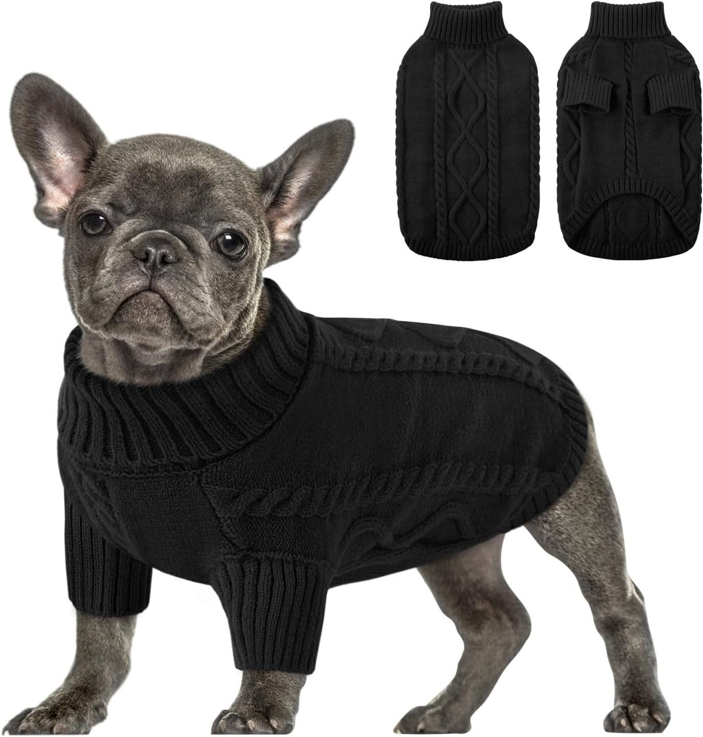 Queenmore Small Dog Pullover Sweater, Cold Weather Cable Knitwear, Classic Turtleneck Thick Warm Clothes for Chihuahua, Bulldog, Dachshund, Pug (Black, X-Small)
