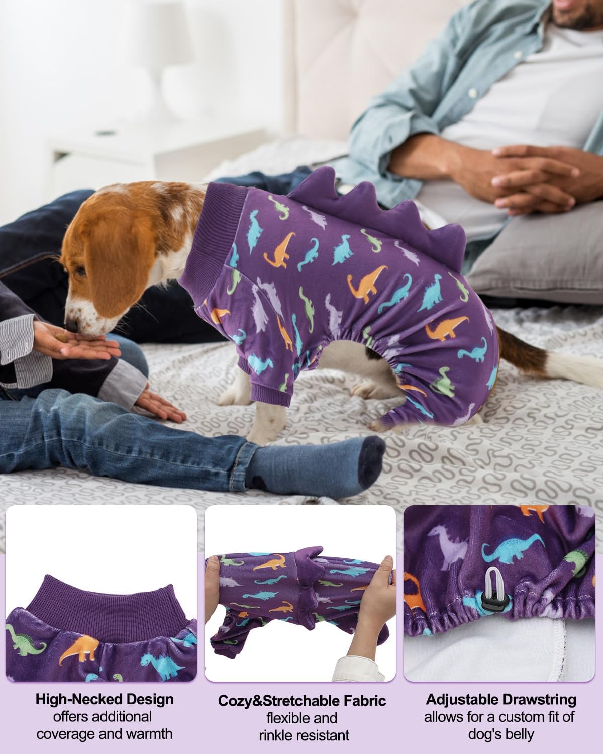 CuteBone Dinosaur Costume Dog Pajamas, Stretchy Spandex Crystal Velvet Sleepwear Coat for Small Dogs, Soft & Warm Pet Outfit Clothes for Cold Weather, Cozy Pullover Design COSP04S