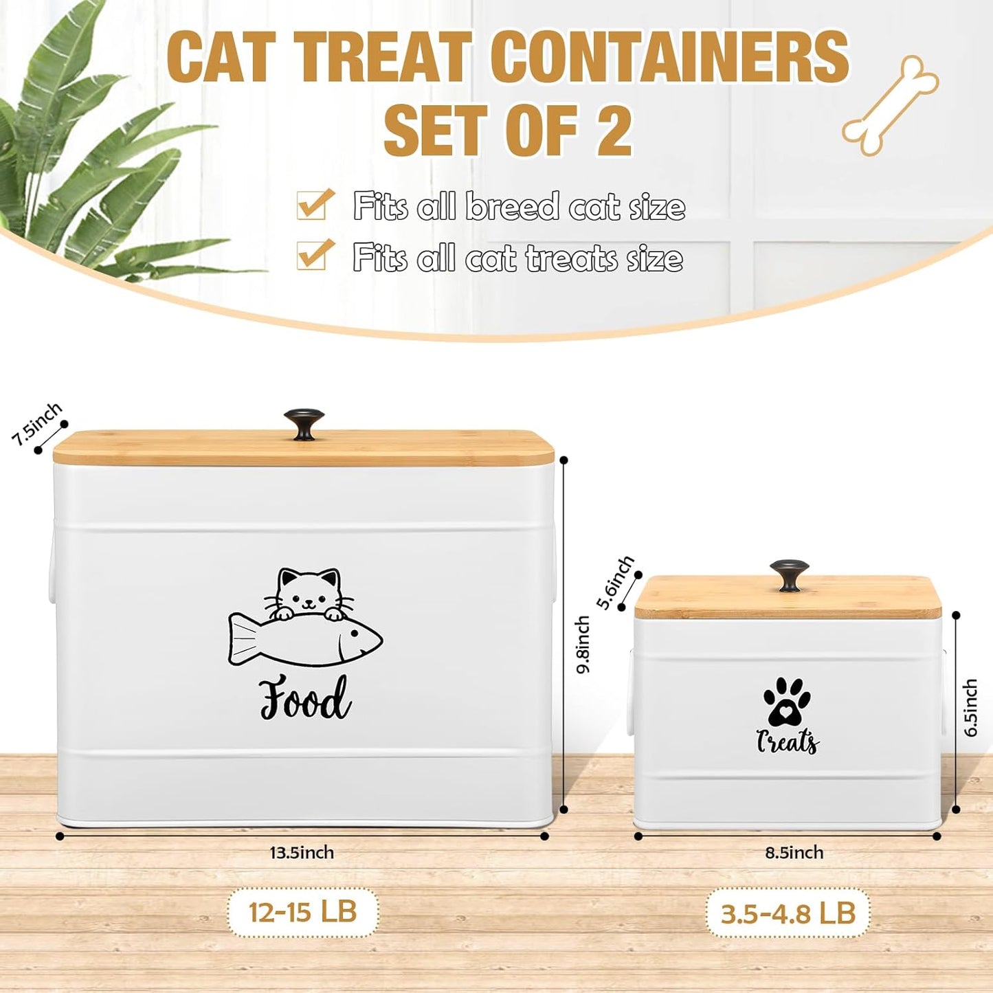 Extra Large Metal Cat Food Containers Airtight 12+3.5 lbs Cat Treat Snack Jars Set of 2 with Bamboo Lids and Spoons Farmhouse Big Pet Cookie Storage Jars for Kitchen Counter Gifts(White)