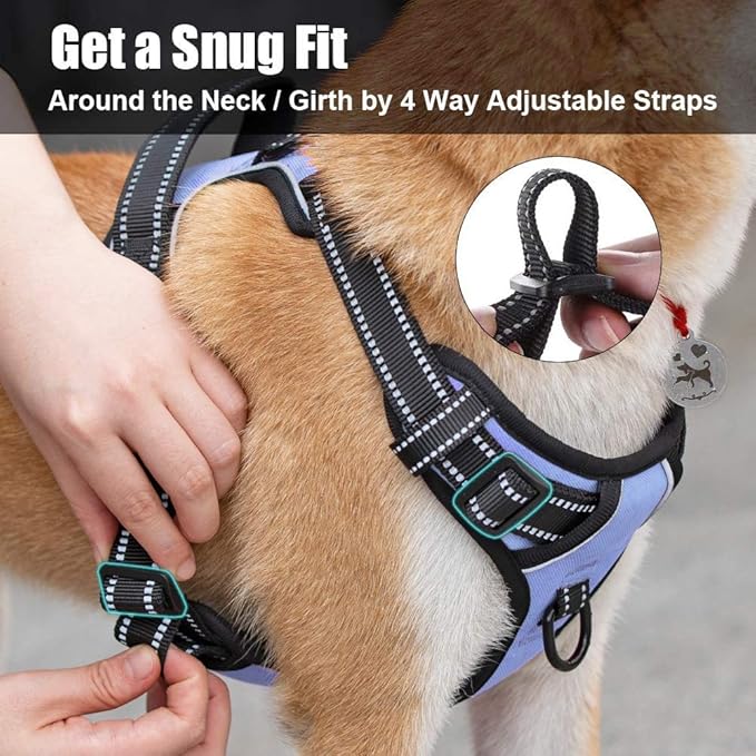 PoyPet No Pull Dog Harness, Reflective Comfortable Vest Harness with Front & Back 2 Leash Attachments and Easy Control Handle Adjustable Soft Padded Pet Vest for Small to Large Dogs (Light Blue,M)