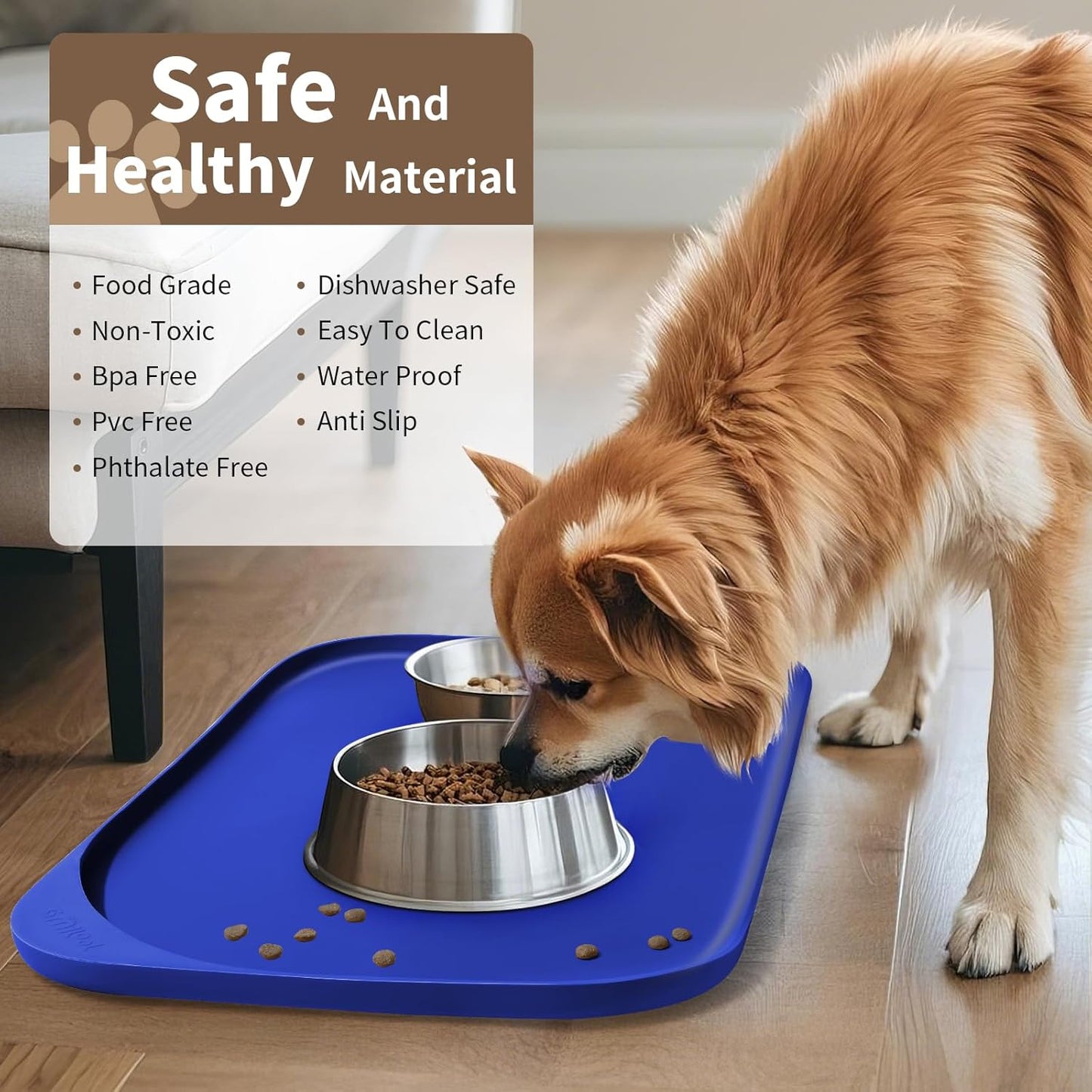 Silicone Pet Feeding Mat with Raised Edge & Residue Collection Pocket for Food and Water, Dog Bowl Mats, Cat Bowls Placemat with High Lip for Floor Waterproof, 24 x 16 x 0.8 Navy Blue