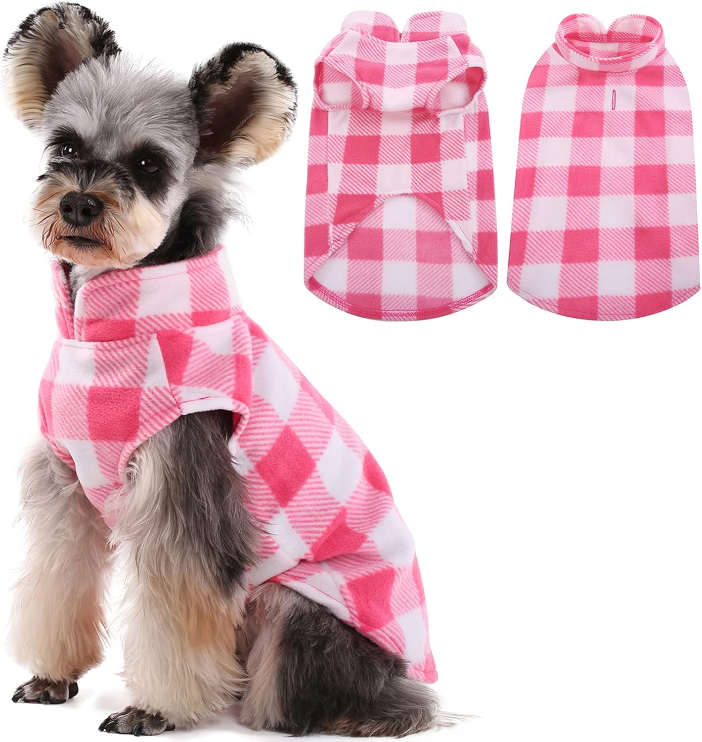 Kuoser Dog Fleece Vest,Warm Plaid Dog Sweater with Leash Hole,Soft Turtleneck Winter Pet Jacket Dogs Coat Pullover Clothes for Small Medium Dogs Cats,Spring Fall Cold Weather Christmas Outfit,Pink S