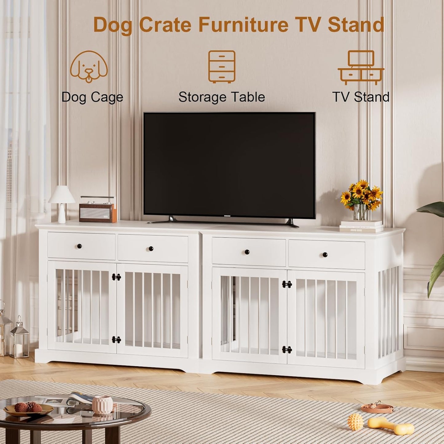 PUKAMI 44inch Dog Crate Furniture with Drawers,Wooden Dog Kennel Furniture for Large Breed,White End Table Wood Dog House for Indoor use,for Small/Medium/Large Dog