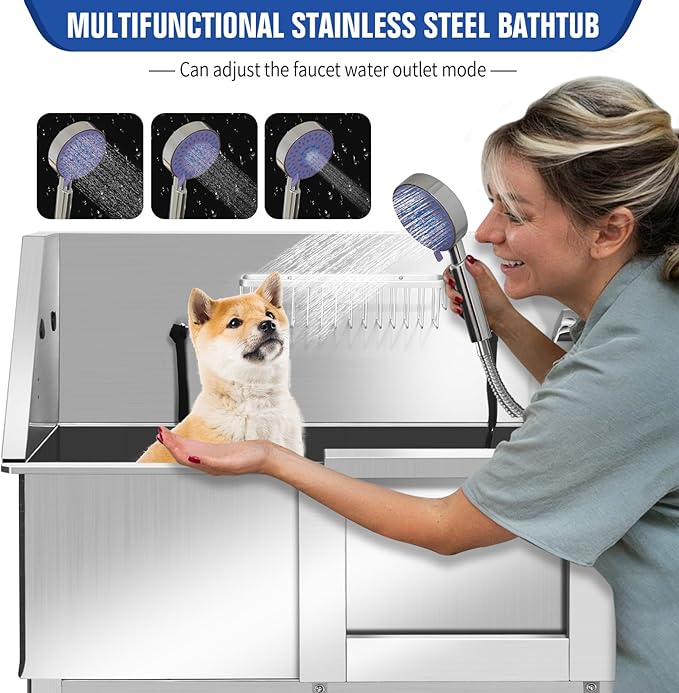 Professional Stainless Steel Dog Bathing Station, Dog Grooming Tub, with Stairs, Floor Grate & Faucet for Dog Bathtub for Large, Medium & Small Pets,34" R-RAMP