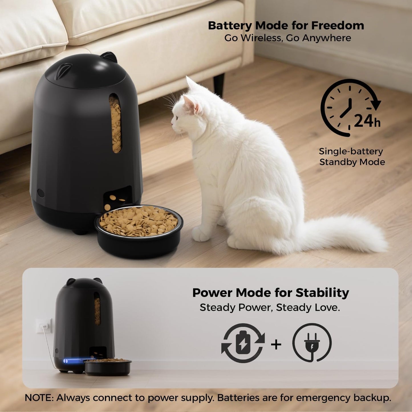 PAPIFEED Automatic Cat Feeder, 2.4G WiFi Auto Cat Food Dispenser with App Control, 3L Auto Pet Feeder with Dual Power Supply, Detachable for Easy Clean for Cats and Small Dogs, Black