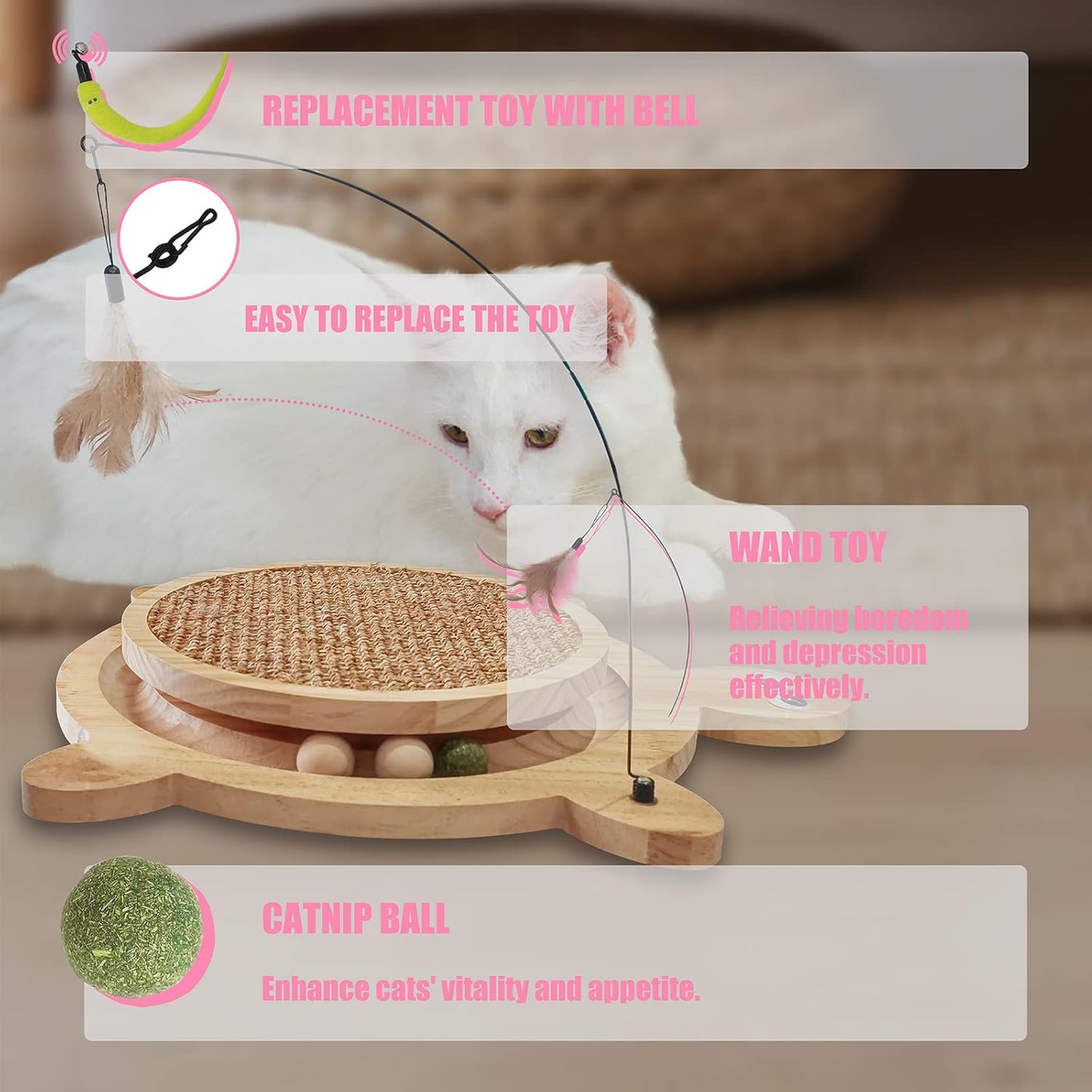 Petest Interactive Cat Toy Cat Scratch Toy Natural Sisal Scratcher with Catnip Balls, Cat Scratch Pad, Turtle Design