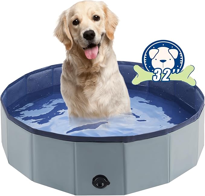 Foldable Dog Bath Swimming Pool Plastic Kiddie Pool Professional Tub Collapsible Grooming Bathtub for Pets Kids Baby and Toddler, 32 x 8 Inches Gray