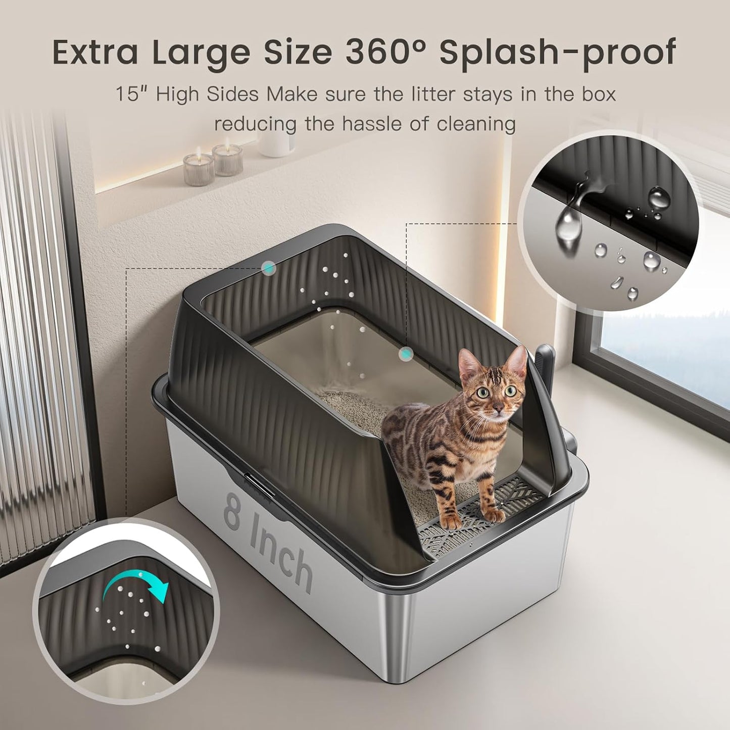 Tripamin 15” XL Stainless Steel Cat Litter Box Enclosure, XXL Stainless Steel High Sides with Lid, Extra Large Metal Cat Litter Box (Translucent Black, XX-Large)
