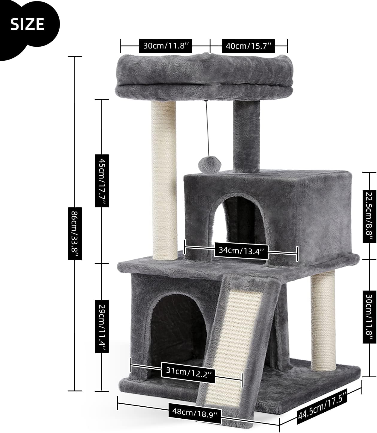 PAWZ Road 34 Inches Cat Tree Multilevel Cat Tower with Double Condos, Spacious Perch, Fully Wrapped Scratching Sisal Post and Replaceable Dangling Balls Gray