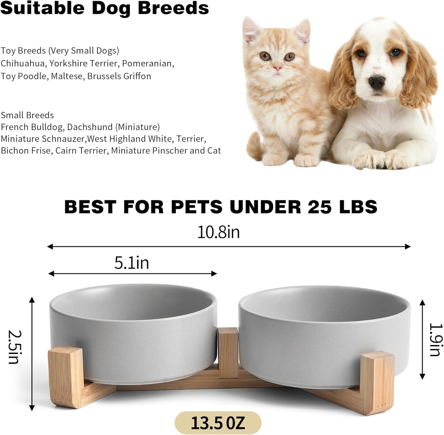 Grey Ceramic Dog & Cat Bowl Set – 13.5 OZ with Wooden Stand, Non-Slip, Elevated Design for Small Dogs & Cats – 2 Bowls (Food & Water, Ceramic Pet Bowls, Modern Dog Bowls)
