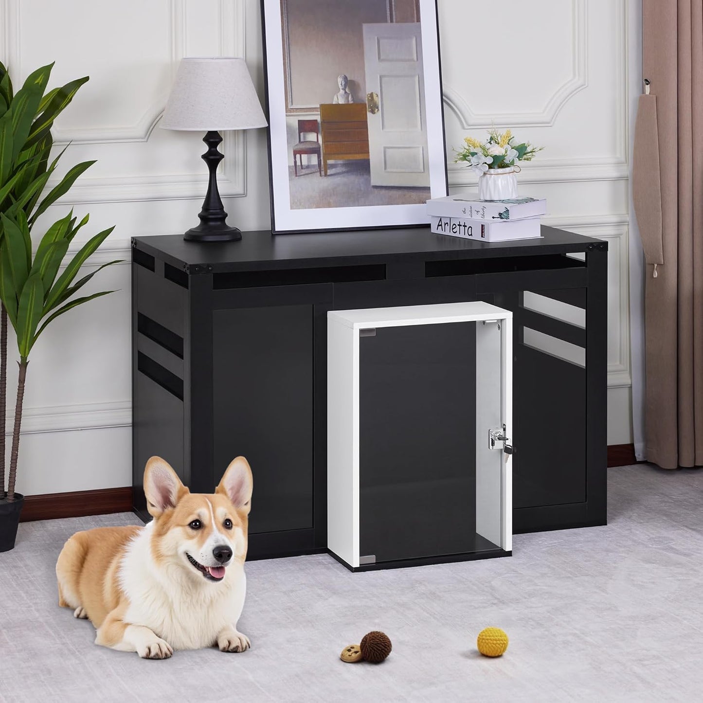 Lovupet Wooden Dog Crate Furniture, Villa Style Dog Kennel for Medium Breed with Glass Door and Acrylic Panels, GC34 (Black)