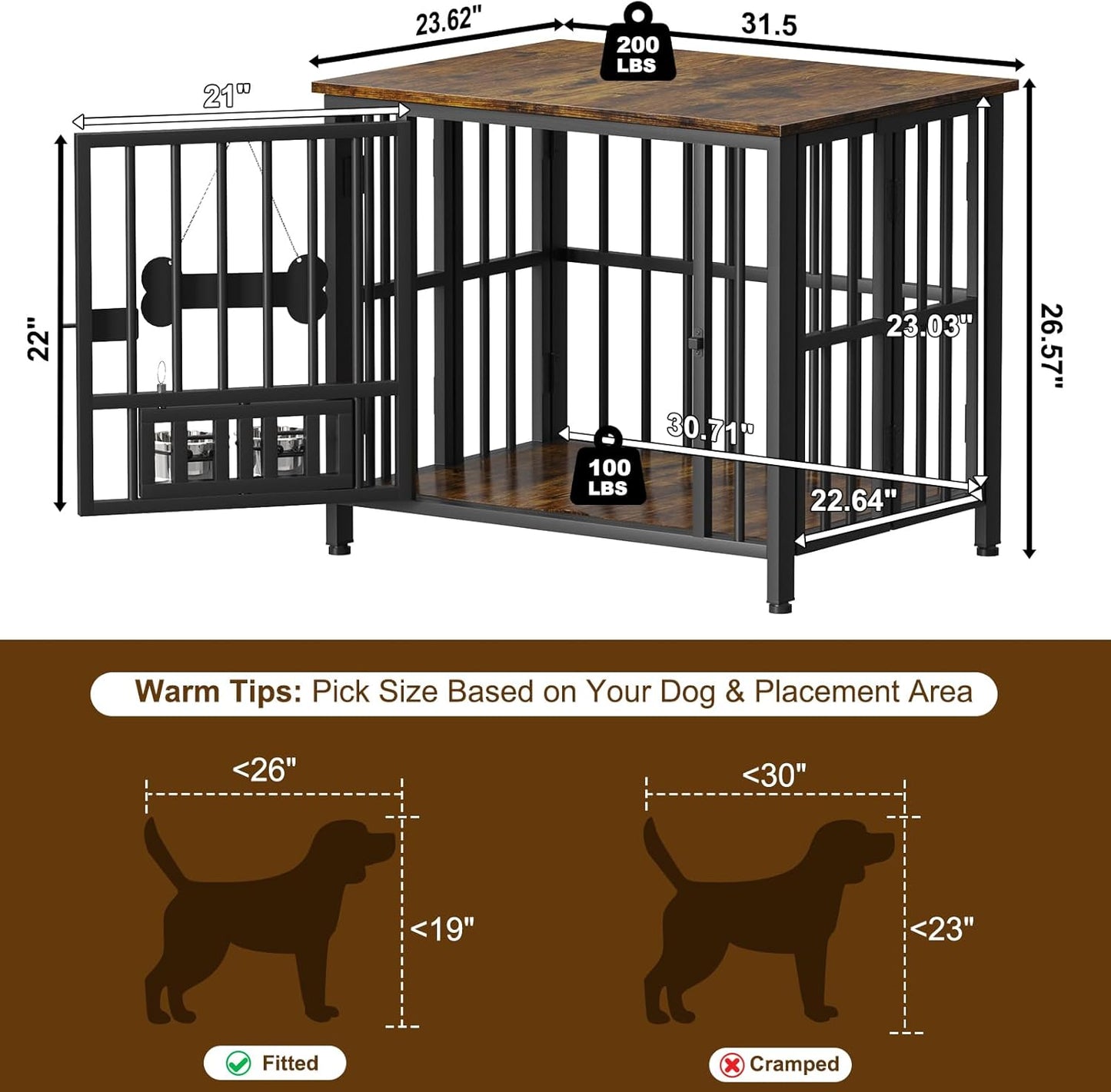 Easycom 31" Dog Crate Furniture Foldable, No Assembly Decorative Dog Kennel Indoor, Dog Crates for Small Dogs (20-40 lbs), Wooden Dog Cage with Adjustable Bowls and Name Tag, End Table, Rustic Brown