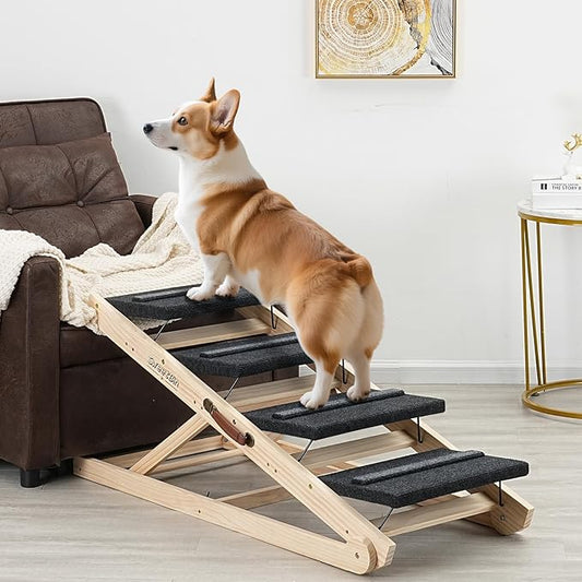 2025 Upgraded Dog Steps for Bed & Couch - 2-in-1 Dog Stairs/Ramp for Small to Large Breeds - 45.3" Long Adjustable 14"-26" Up to 200LBS - Folding Portable Wooden Pet Stairs for high Bed Couch Car