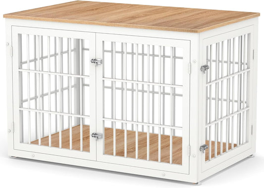 48 Inch Heavy Duty Dog Crate Furniture for Large Dogs, Decorative Pet House End Table, Extra Large Wooden Cage Kennel Furniture Indoor, Natural and White