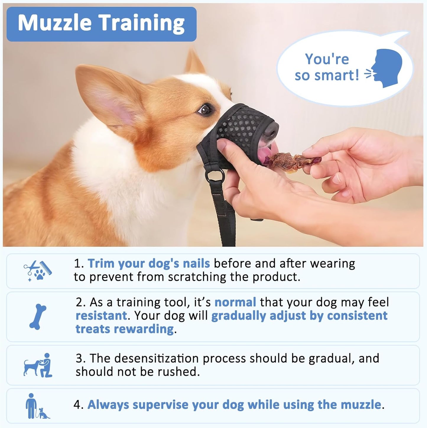 LUCKYPAW Soft Muzzle for Small Medium Sized Dogs, Dog Muzzle to Prevent Biting Chewing, Adjustable Breathable Mouth Guard for Grooming Walking Training(Blue, XS)