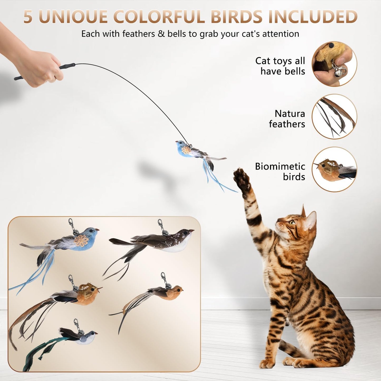 Cat Toys for Indoor Cats, Interactive Bird Cat Toy Self-Holding Suction Base with 5 Replaceable Birds, Door Hanging String, Feathers & Bells | Chase, Jump & Exercise for Kittens/Adult Cats