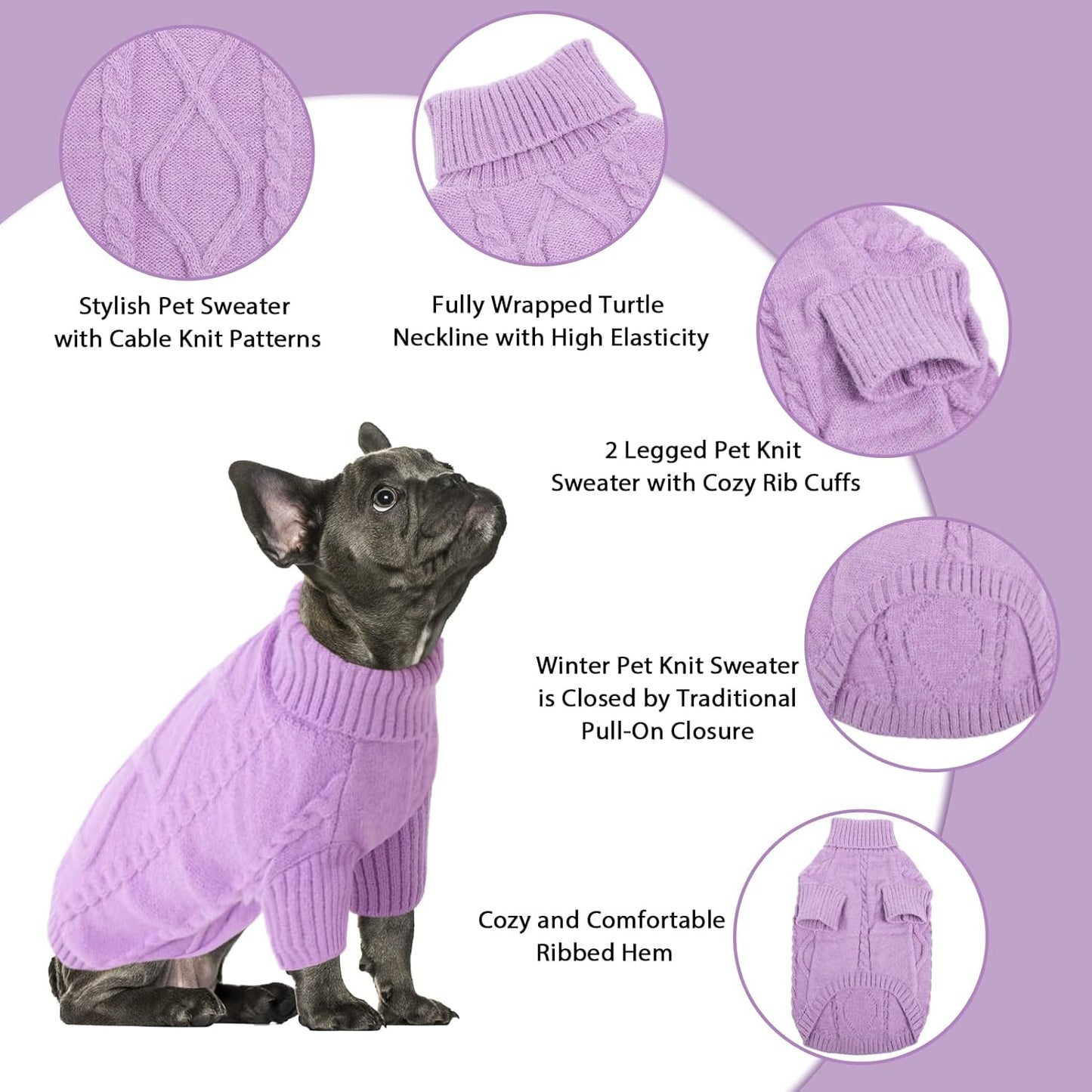 Queenmore Small Dog Pullover Sweater, Cold Weather Cable Knitwear, Classic Turtleneck Thick Warm Clothes for Chihuahua, Bulldog, Dachshund, Pug (Lilac, Small)