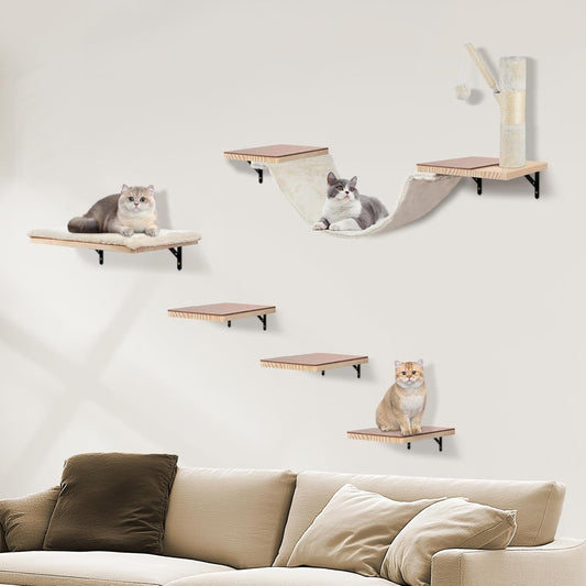 Wall Mounted Cat Climber Set, Cat Wall Shelves,Cat Wall Furniture Set,with Hammock,Jumping Boards,Sofa,Steps,Scratching Post,Hanging Ball and Felt Pads, Suit for Cats Climb, Jump,Scratch-Beige