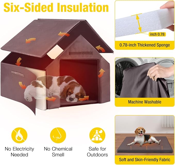 Outdoor Dog House with All-Around Insulated Liner Weatherproof Puppy Shelter Indoor Dog Kennel, Anti-Bite Dog Home for Large Breed with Porch (Brown, 50.8" D x 37.4" W x 37.2" H)