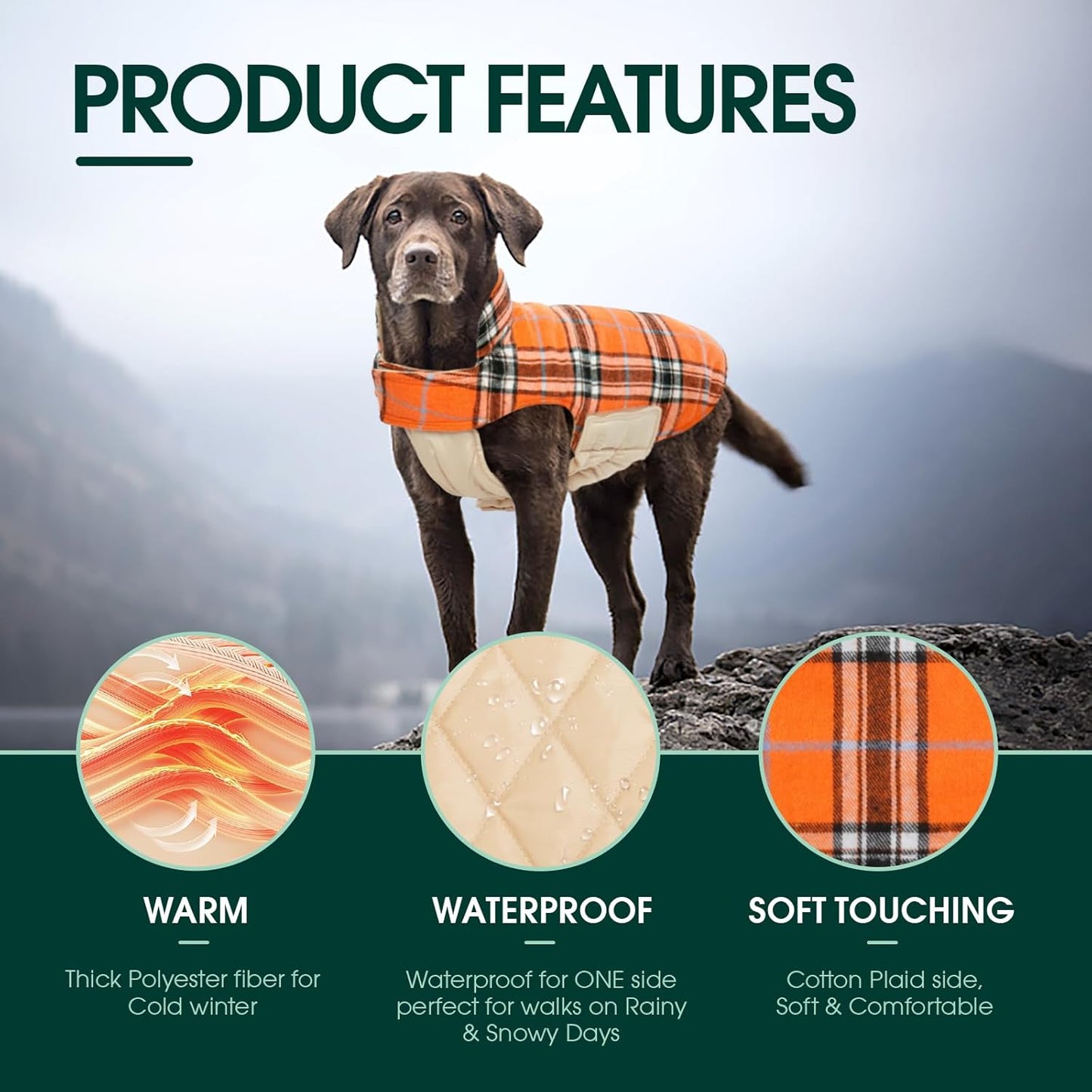 Kuoser Warm Dog Coat, Waterproof Dog Jacket for Extra Large Dogs, Adjustable Durable XXXL Doggie Winter Coat Reversible Puppy Cold Weather Apparel for Large Breed, Orange 3XL