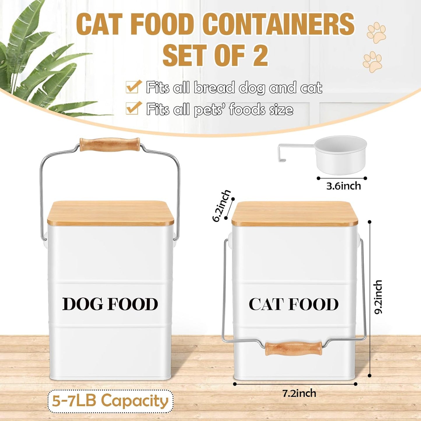Tioncy 2 Pcs Metal Dog and Cat Food Storage Containers Big Pet Food Containers with Bamboo Lids and Spoon Airtight 5-7 Lbs Dog Cat Treat Snack Jars with DIY Labels for Kitchen Counter(White)