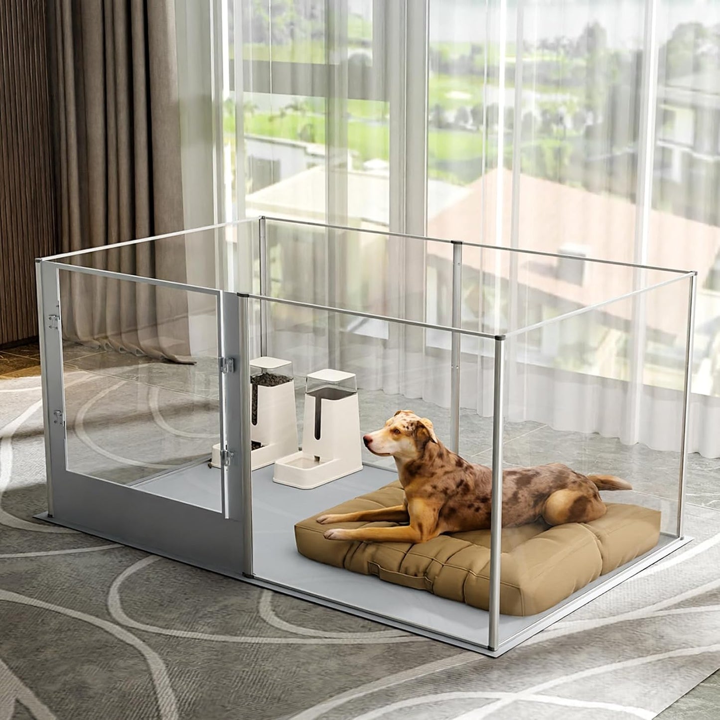 Dog Clear Playpen Fence Kennel: 32" Extra Tall Puppy Birthing Enclosure with Waterproof Fertility Pad - 64"x43" Pet Heavy Duty Play Pin Corral with Transparent View and Lockable Door for Dogs Bunny