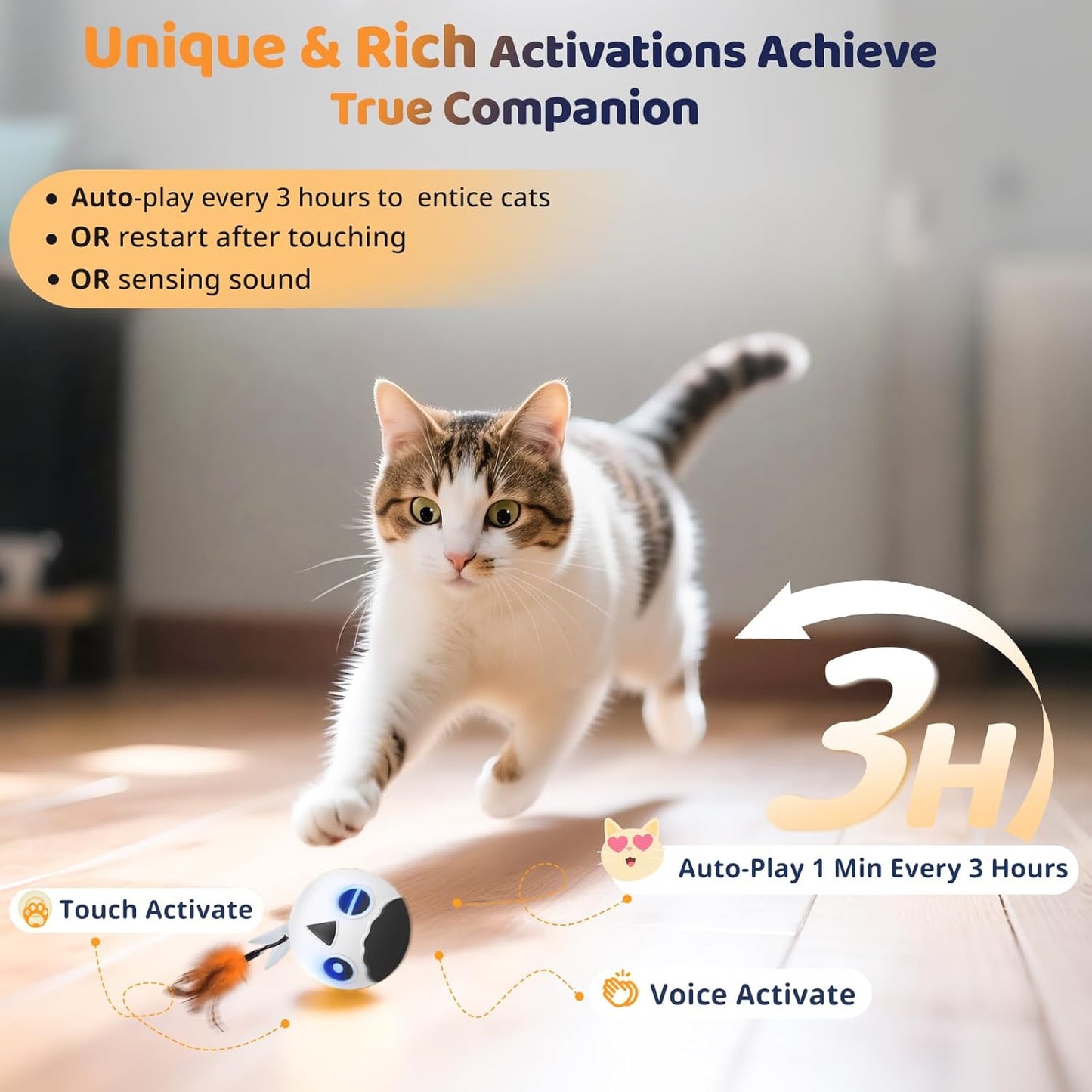 ORSDA Cat Ball Toys, Interactive Cat Toy for Indoor Bored Indoor Cats Kitten Toys, Automatic Electric Bird Moving Ball Toy, 4 Mode Voice & Touch Control Rolling Chirping Stimulating, 2 Feather Tails