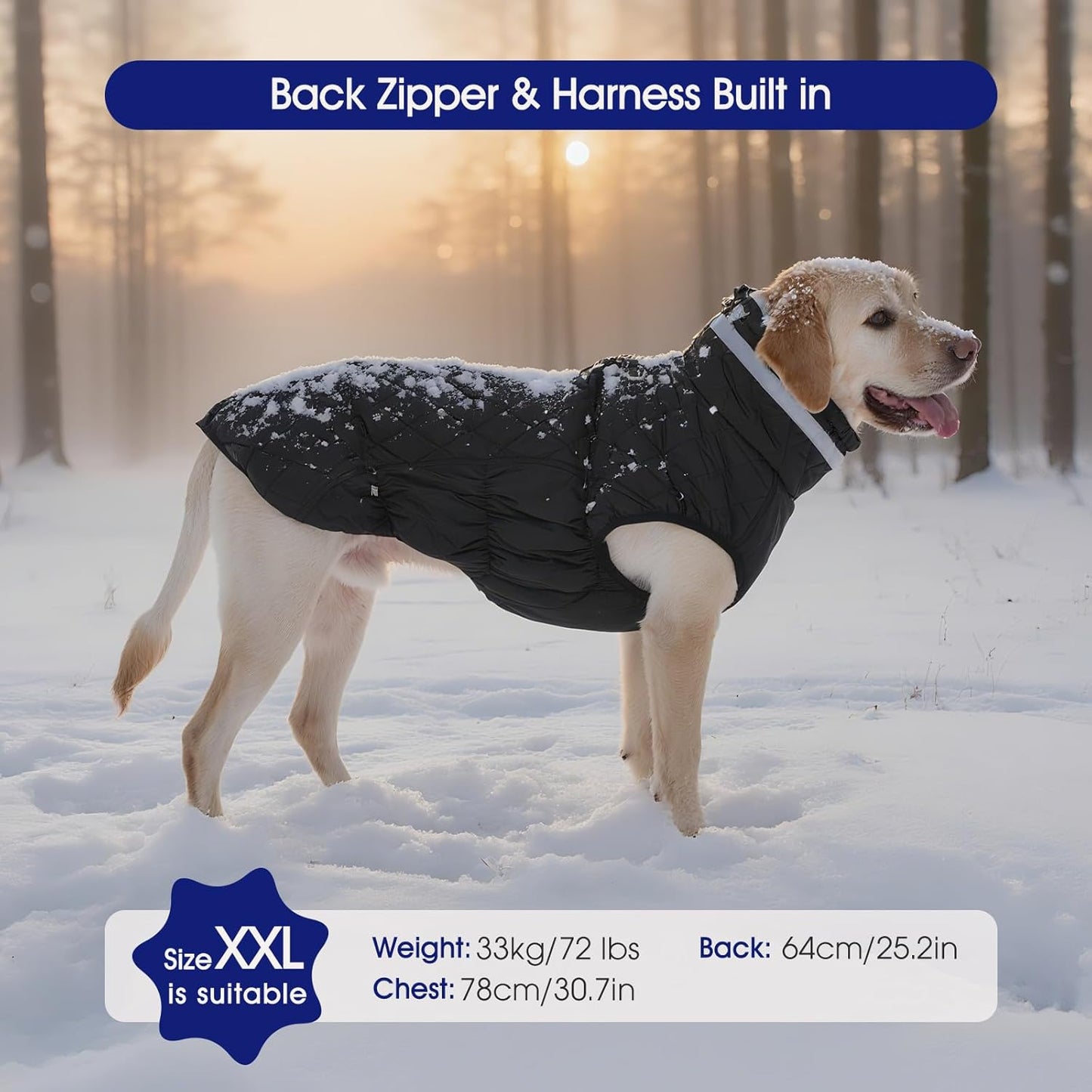 FUAMEY Dog Coat for Large Dogs,Waterproof Dog Winter Jacket with Harness Built in Puppy Cold Weather Coats Reflective Pet Vest with Zipper Warm Fleece Dogs Snowsuit Windproof Solid Black 2XL