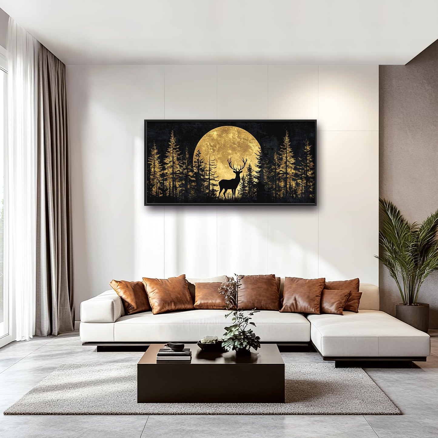 Large Moon Deer Forest Wall Art for Living Room, Black Gold Canvas Oversized Wall Decor, Elk Animal Framed Pictures Painting Print Artwork for Bedroom Office 60L" x 30W"